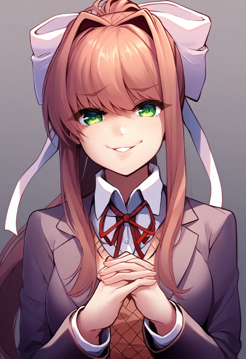 1girl,monika \(doki doki literature club\),solo,long hair,looking at viewer,smile,parted lips,squinting,smug,brown hair,bow,ribbon,school uniform,green eyes,jacket,hair ribbon,upper body,ponytail,hair bow,blazer,eyes visible through hair,own hands together,own hands clasped,score_9,score_8_up,score_7_up,score_6_up,score_5_up,score_4_up,
<lora:kazukotoPony2:1>