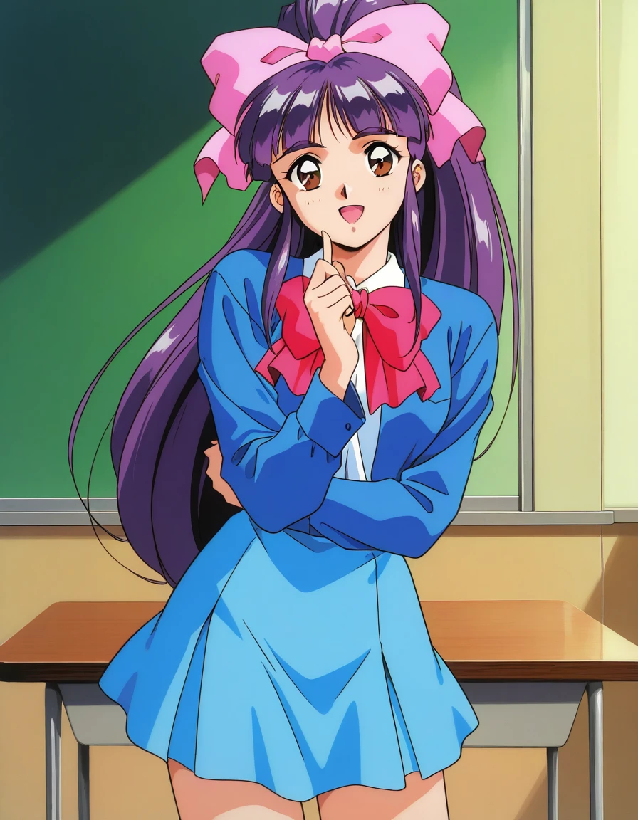 general,highres, ultra-detailed,very aesthetic,best quality ,best hands, BREAK <lora:Midou_Miko_IS:1> Midou_Miko, 1girl,solo, pink bow, purple hair, long hair,hair ribbon, brown eyes, ponytail, bangs, 1990s (style), anime coloring,
bow, light blue skirt, white shirt, blue jacket, smile,looking at viewer, cowboy_Shot,
school uniform, smile, 1990s (style), open mouth, long sleeves, red bow,
class room,