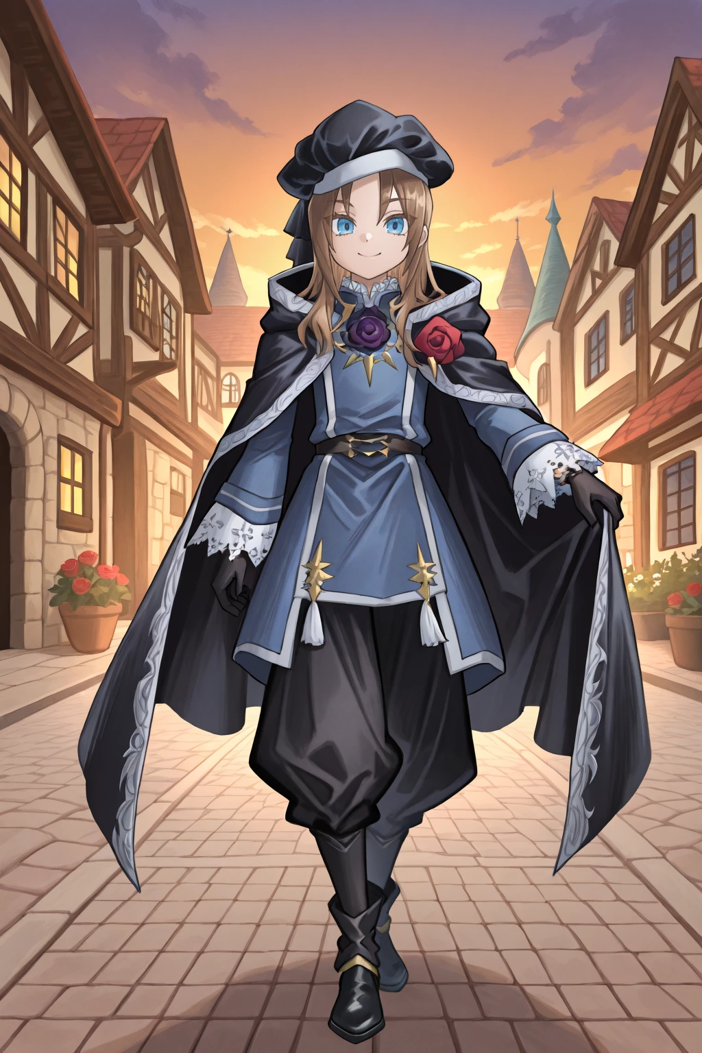 <lora:RoswellIL:0.8> , roswdef, 1boy, brown hair, long hair, blue eyes, black beret, black cloak, rose, flower, blue uniform, long sleeves, frilled sleeves, black gloves, puffy pants, black pants, black footwear, looking at viewer, full body, smile, evening, looking at viewer, town square, village, medieval fantasy masterpiece, very aesthetic, absurdres, best quality, amazing quality, high resolution, <lora:illustrious_quality_modifiers_masterpieces_v1:0.8> , <lora:ChamIllustriousBackgroundEnhancer:0.5>,  solo,