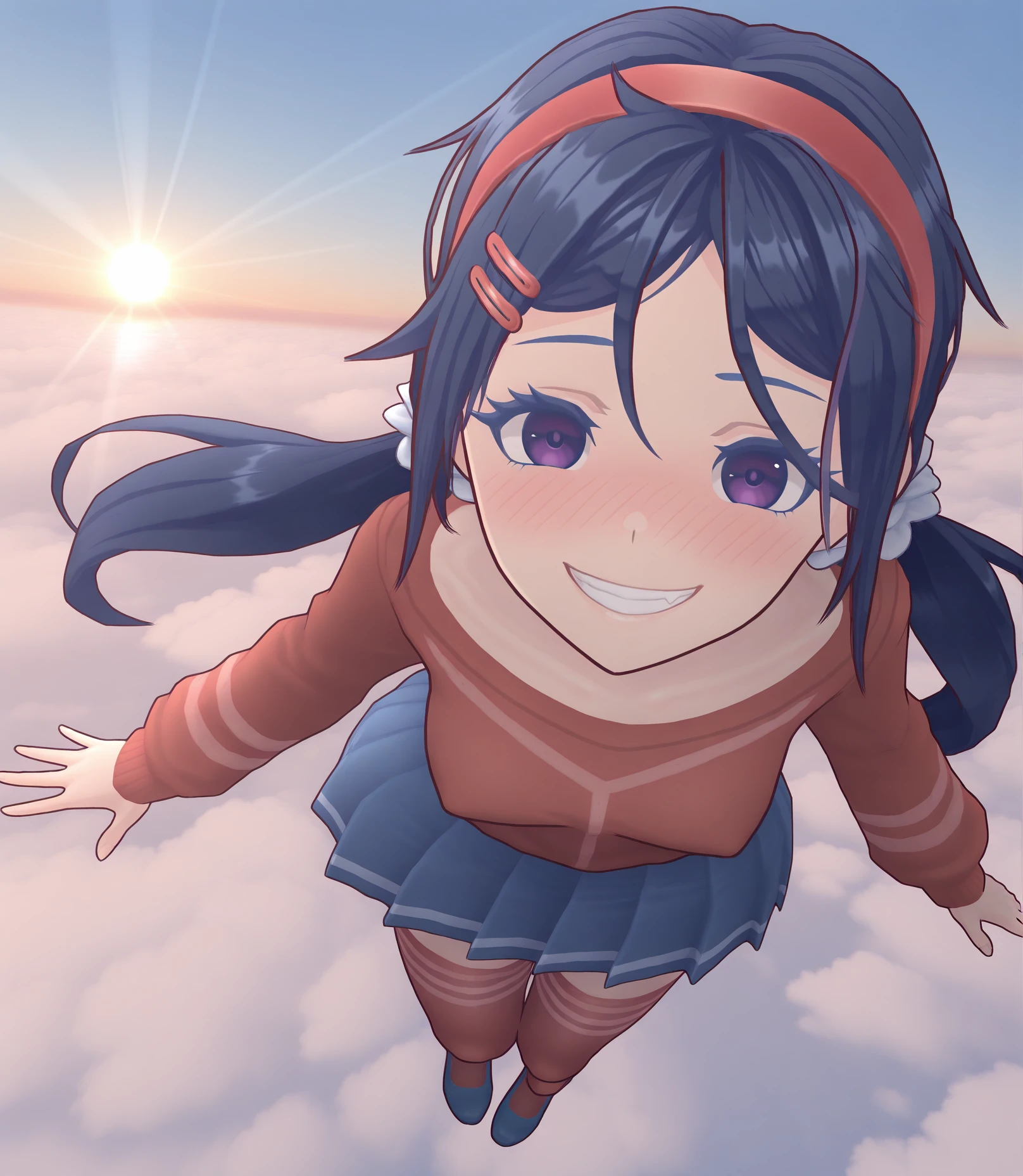 highres, hi res, best quality, masterpiece, 2d, intricate details, 4k, anime coloring, shadow, uncensored,
1girl, solo, female, eyelashes, nose, nose blush, grin, evil grin, yandere, long hair, bangs, blue eyes, hair ornament, twintails, blue hair, purple eyes, hairband, hairclip, parted bangs, red hairband, choker,
skirt, shirt, thighhighs, long sleeves, pleated skirt, blue skirt, zettai ryouiki, red shirt, blue footwear, red thighhighs, sweater,
full body, foreshortening, looking at viewer, jumping, bent legs, floating, from above,
depth of field, outdoors, in the sky, among the clouds, clouds, sky, blue sky, sun rays, sunlight, <lora:Mita_ILXL:1>