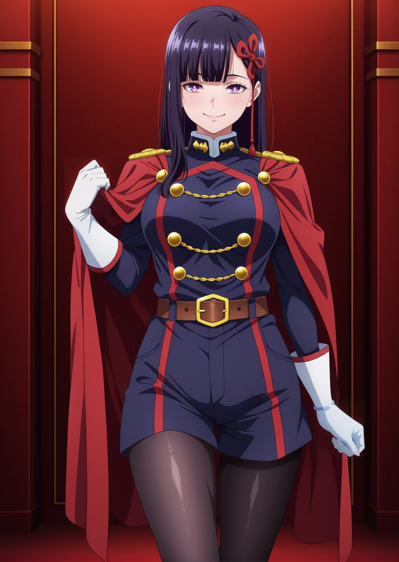<lora:yamashiro_ren:1>,yamashiro_ren,1girl,solo,gloves,pantyhose,black hair,white gloves,cape,long hair,smile,belt,full body,looking at viewer,uniform,boots,black pantyhose,cowboy shot,mature female,red line on clothes,red line shorts,
masterpiece,best quality,amazing quality,highres,absurdres,very aesthetic,high resolution,ultra detailed,perfect details,anime screencap,