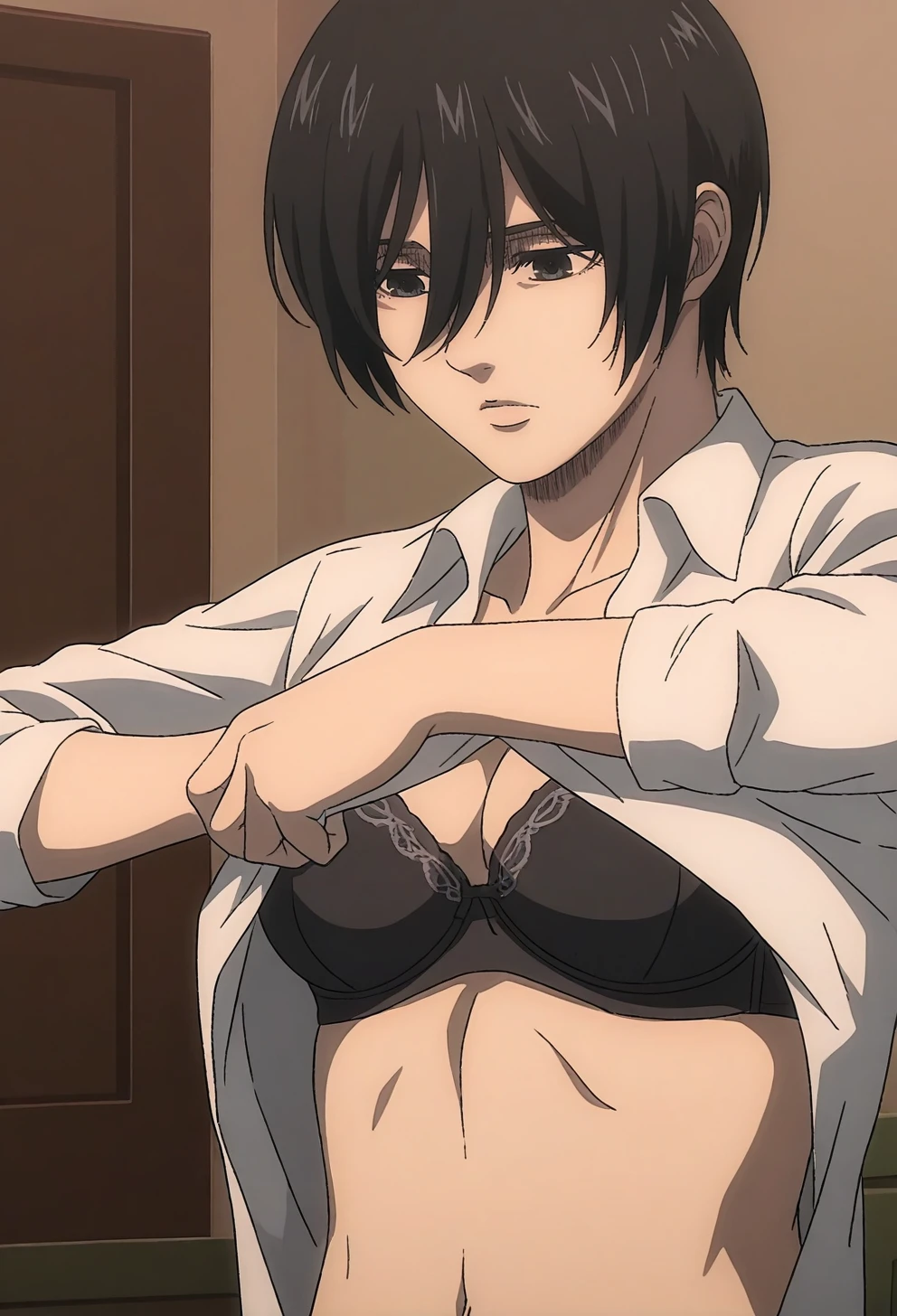 score_9, score_8_up, score_7_up, source_anime,
yukariyukino, yukari yukino, short hair, black hair, detailed blue eyes, hair between eyes,(( perfect surprised eyes )), Perfect face, expressive eyes,
((undress open shirt, white bra)), , detailed navel, (undress suit pants),
indoors, school, realistic school, class room,, sitting, female masturbation, , blush,
cowboy shot, looking at viewer, solo, dutch angle,