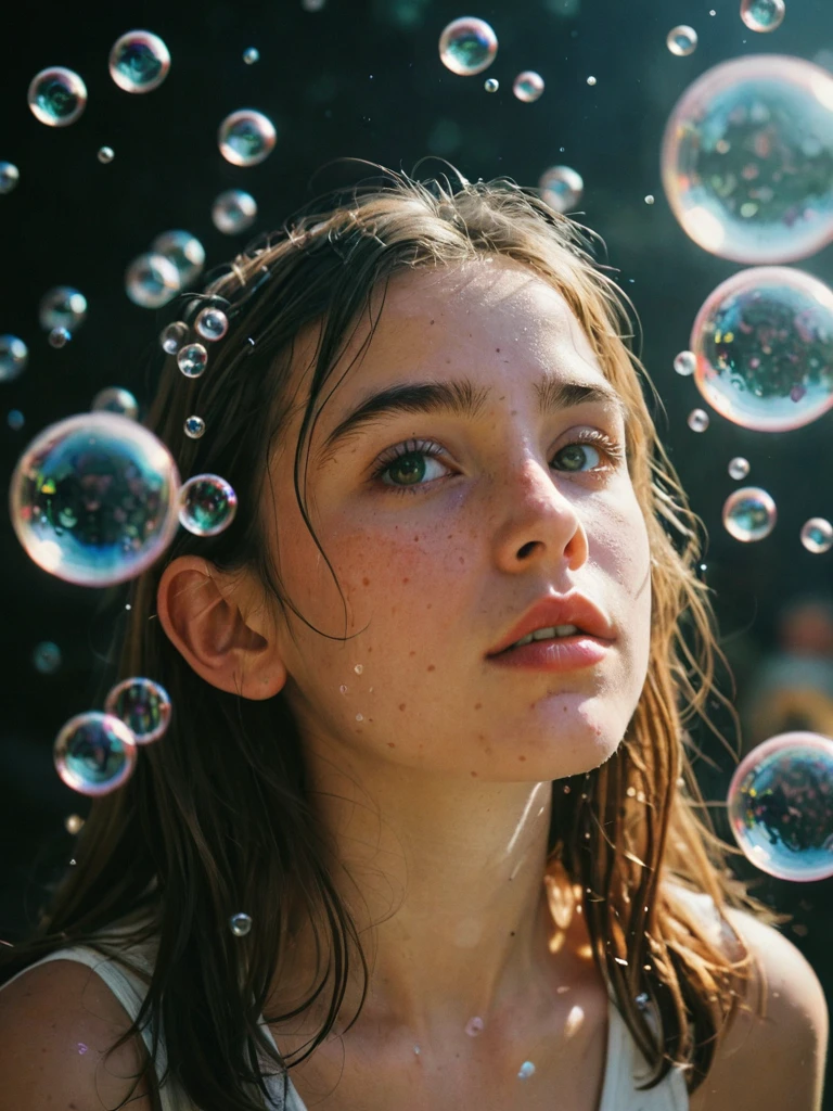 kodak film potrait , girl surrounded with bubbles detailed, dramatic lighting shadow (lofi, analog-style)