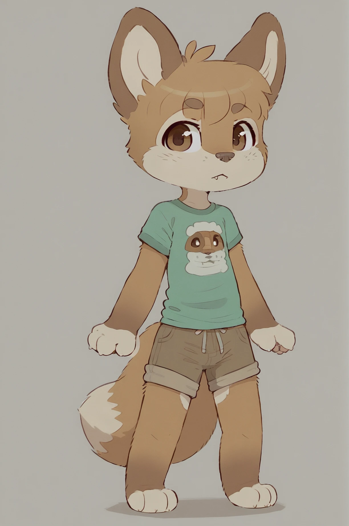 anthro, clothed, clothing, cub, cute fangs, fur, male, green shirt, brown shorts, simple background, solo, standing, topwear, young, young anthro, front view, by newski, full body, fox, score_8 <lora:Skidoo_v2_tPony6.5+35:0.8>