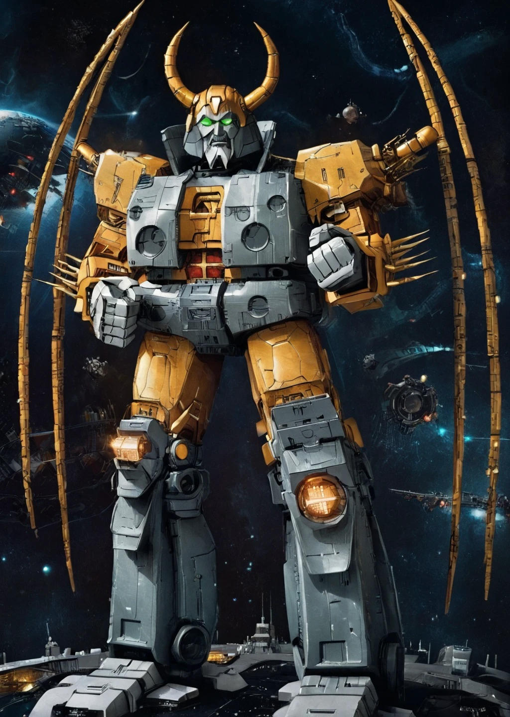 full_details,, full-height masterpice retrostyle sci-fi art, giant robot Unicron, look at viewer, horns, wings, green eyes, clenched hands, stars, space