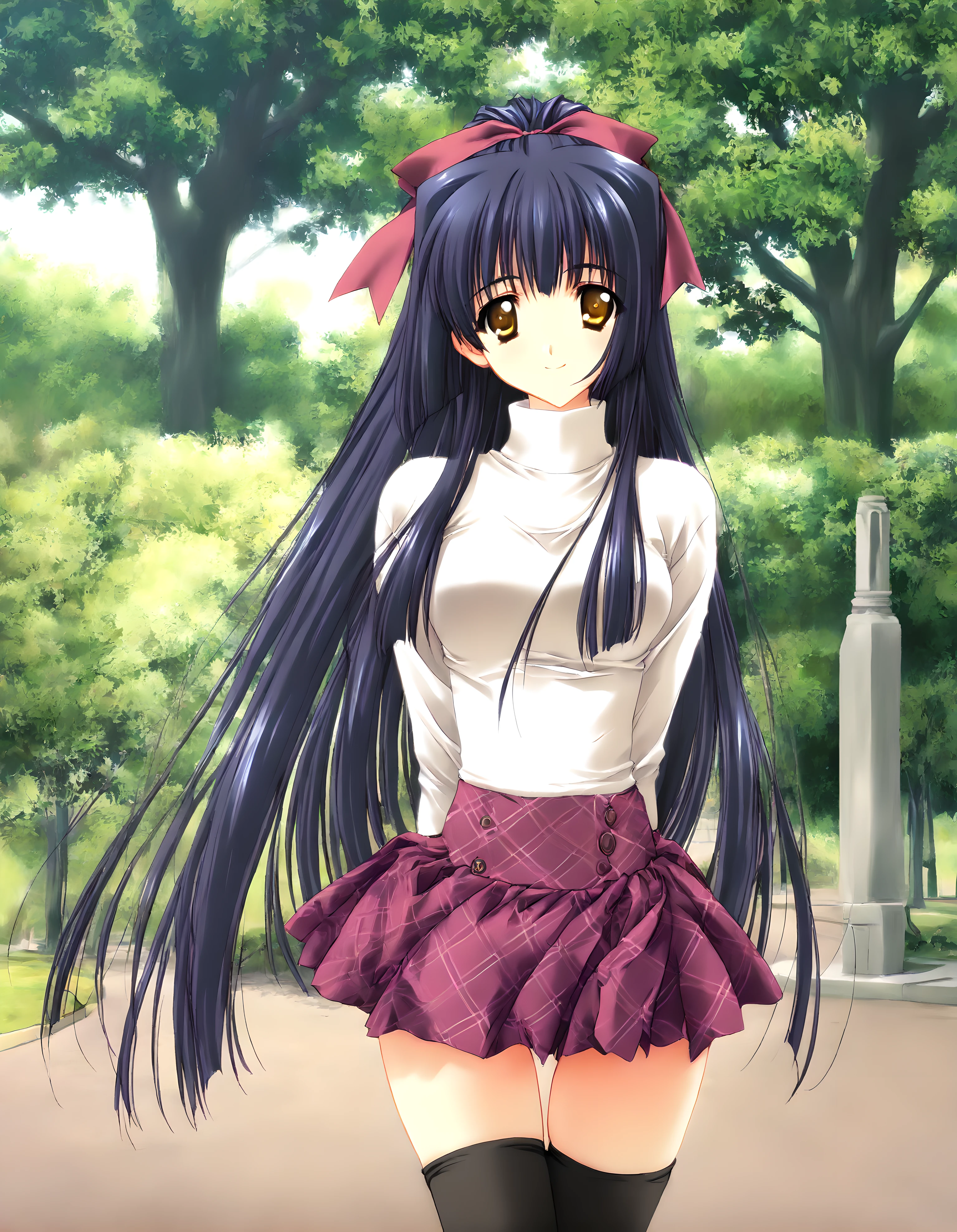 <lora:illustrious_XL_suzuna:0.9>,suzuna,masterpiece,best quality,good quality,1girl,solo,hair_ribbon,white turtleneck,long sleeves,plaid skirt,black thighhighs,thigh gap,park,day,smile,arms_behind_back,hair_flaps,looking_at_viewer,cowboy_shot,