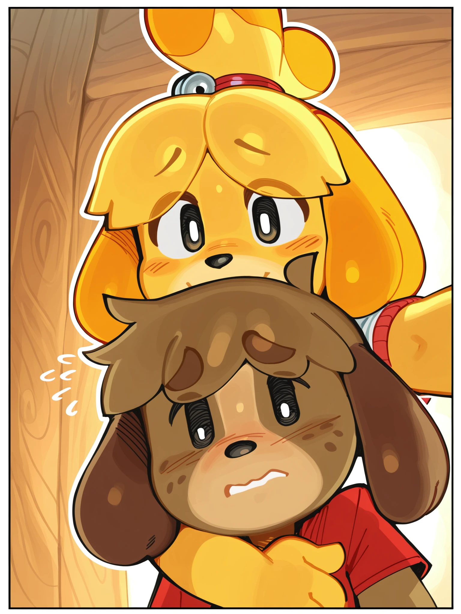 (masterpiece, best quality, very aesthetic, absurdres, artist:wamudraws, shaded, yellow, star pattern, background, white border, backlighting)  female/male, duo, isabelle \(animal crossing\), digby \(animal crossing\), clothed, selfie, side to side, embrace, front view, pose, embarrassed, happy  <lora:Wamudraws_Style_Ill:1>