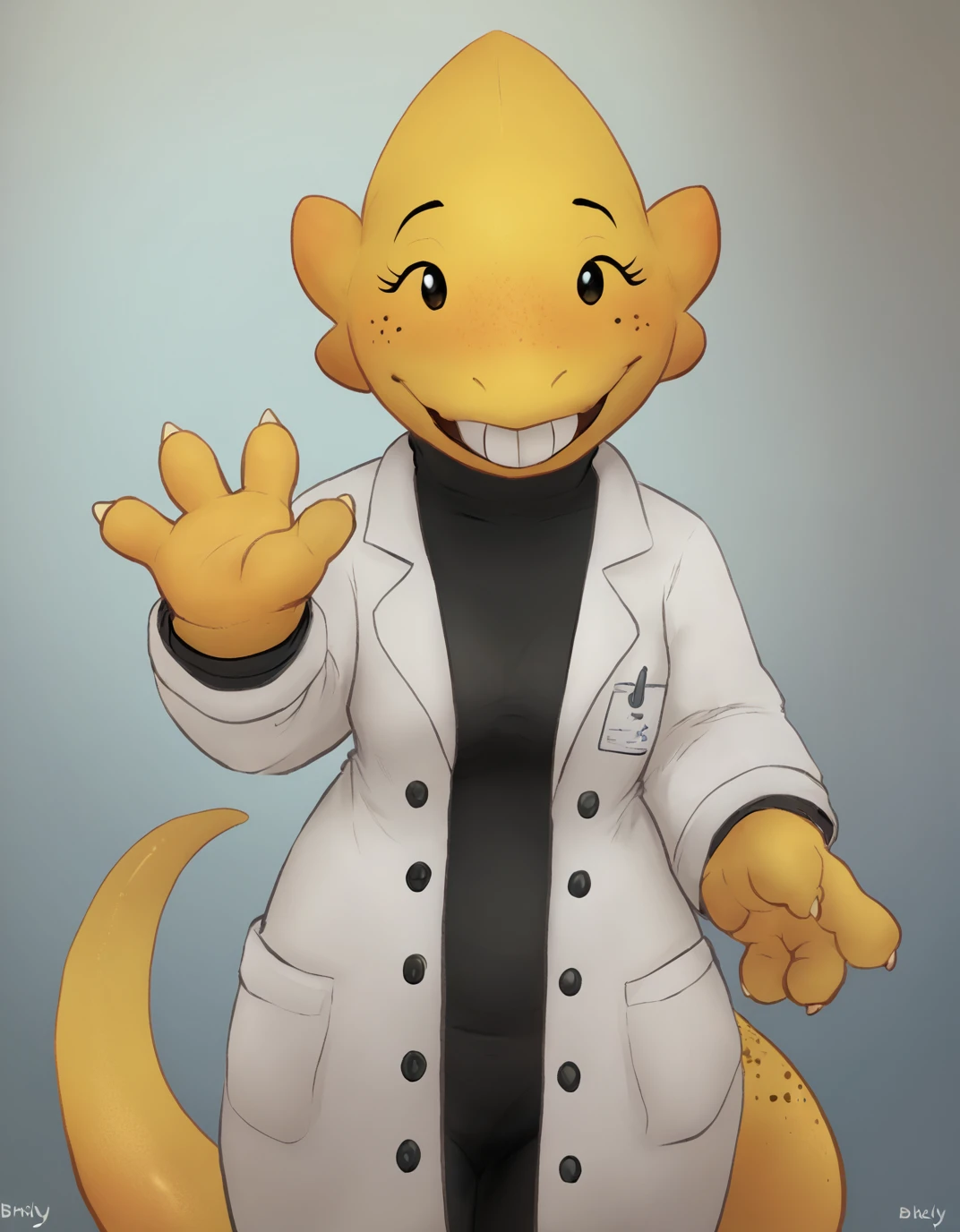zPDXL3,beady eyes,4 fingers,<lora:Alphys_Pony:0.76>,female,upper_teeth,yellow body,shirt,tail,freckles,scalie,plump female,lab coat,looking_at_viewer,buckteeth,alphys,art by birchly,, <lora:PDXL_artist_tags_v2_big:1>