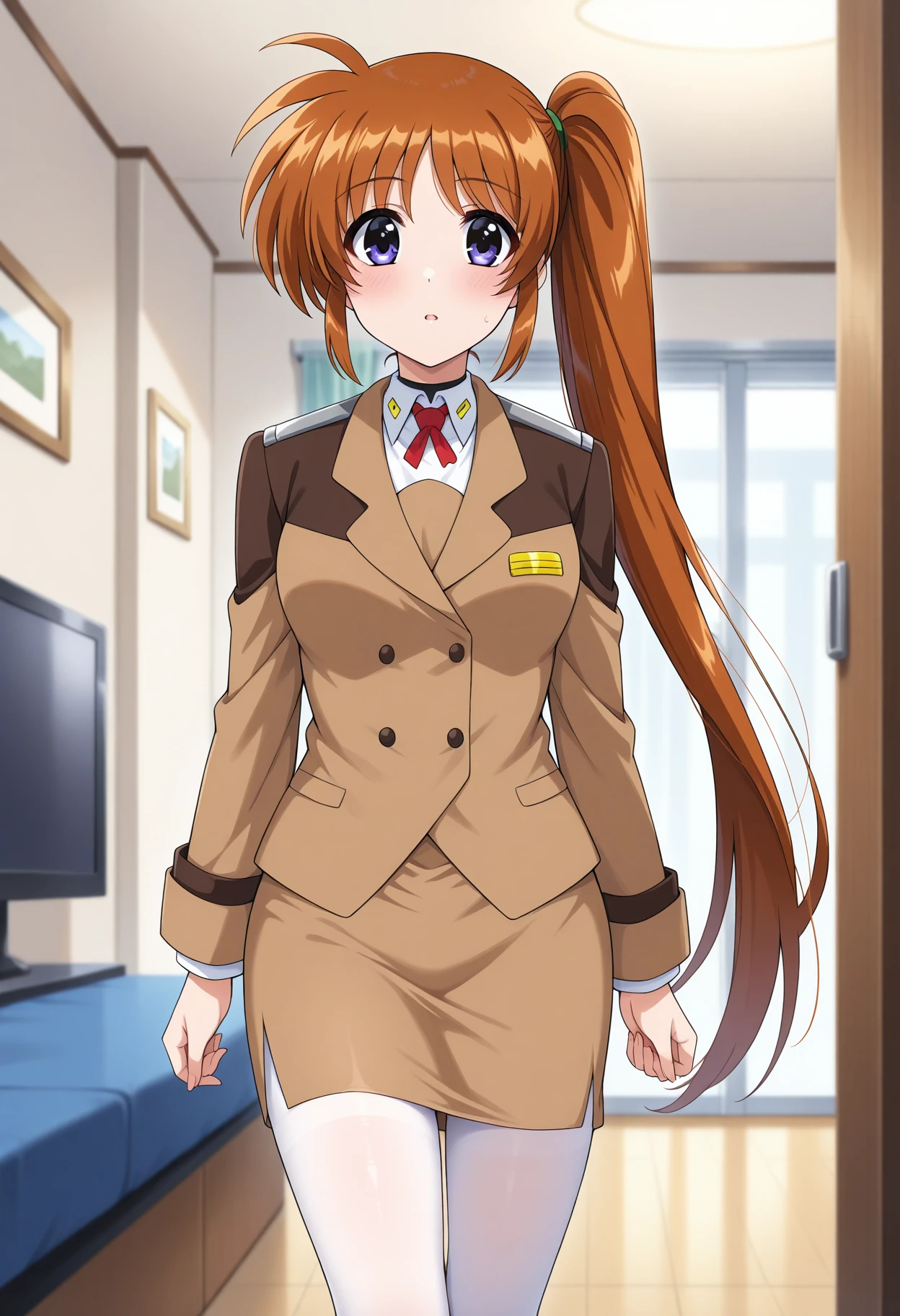 masterpiece, absurdres, highres, 1girl, c-takamachi, very long hair, side ponytail, orange hair, (brown jacket), brown skirt, pencil skirt, long sleeves, white pantyhose, indoors, depth of field, 