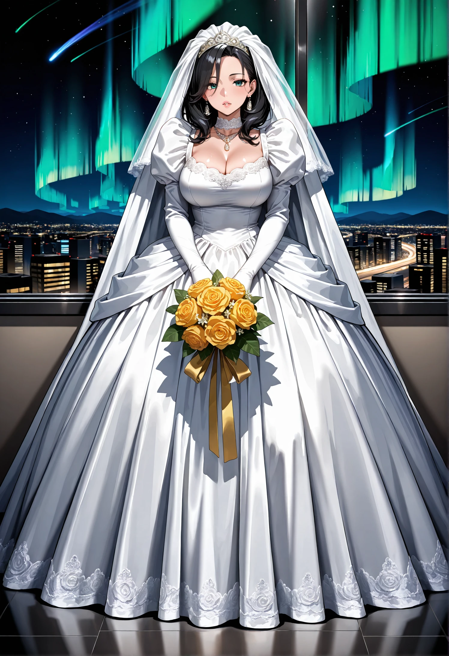 (masterpiece, best quality, good quality, newest, highres), wallpaper, full body, pixiv,
standing,
((tall, solo, 1milf)), (magical girl, shiny skin,  lips, hold on bouquet), (, thigh),
((black hair)), (medium hair, shiny hair), tiara, veil,
BREAK,
(wedding dress, puffy skirt, white embroidery, earrings, juliet sleeves, lace trim, choker, necklace, white gloves, elbow gloves, (white cape), white big ribbon, (white thighhighs), (jewely, shiny satin)),
BREAK,
midtown, urban, night, aurora, shooting star,  <lora:Wedding_Dress_IL_v2.0:1> wedding,