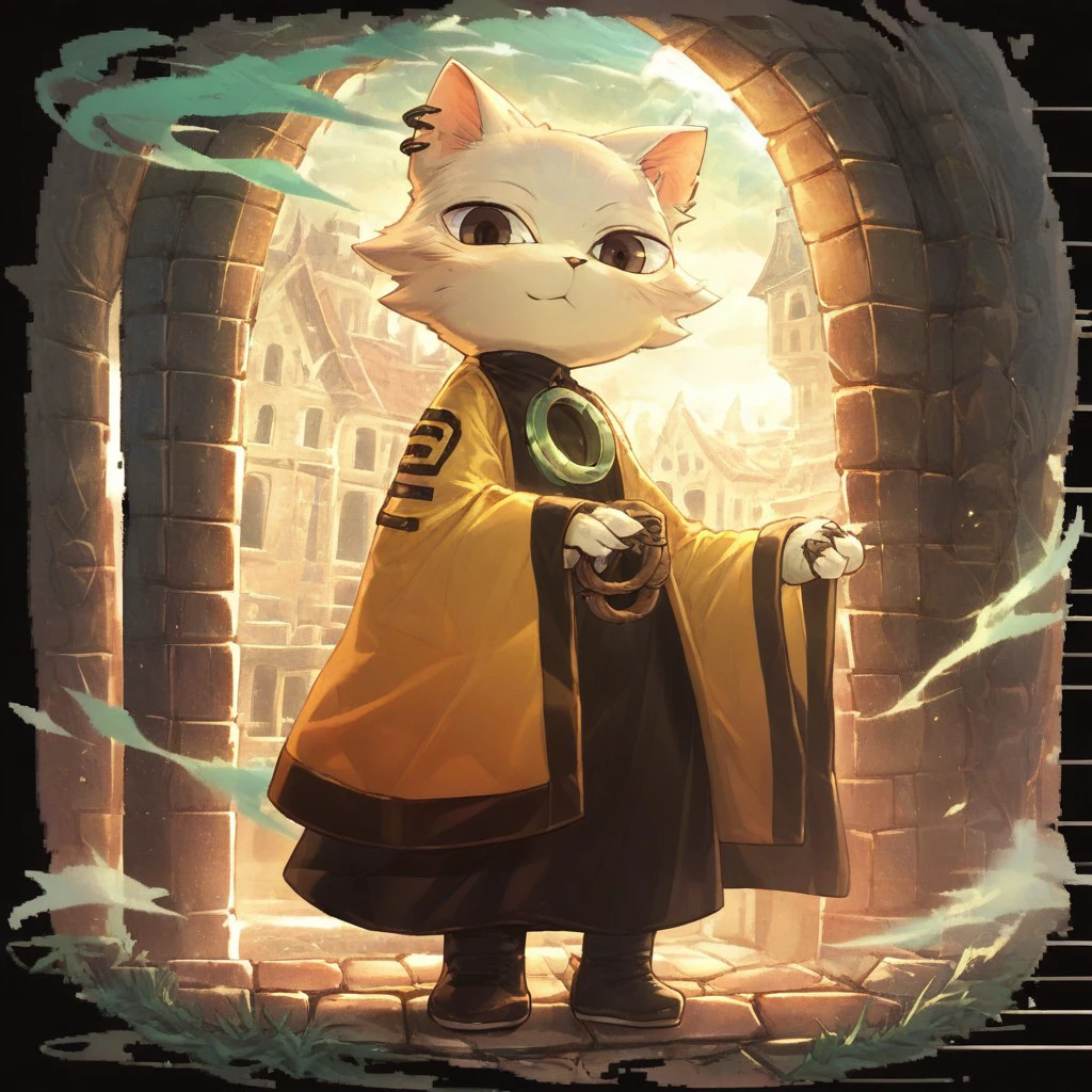 yi, OctopathCOTC, zuppu11, 1boy, solo, domestic cat, felid, feline, felis, mammal, solarian, white fur, anthro, dark yellow clothing, detailed background, looking at viewer, male, score_9, score_8_up, score_7_up, holding a lantern with a pale blue flame inside, standing before a gothic style stone tower