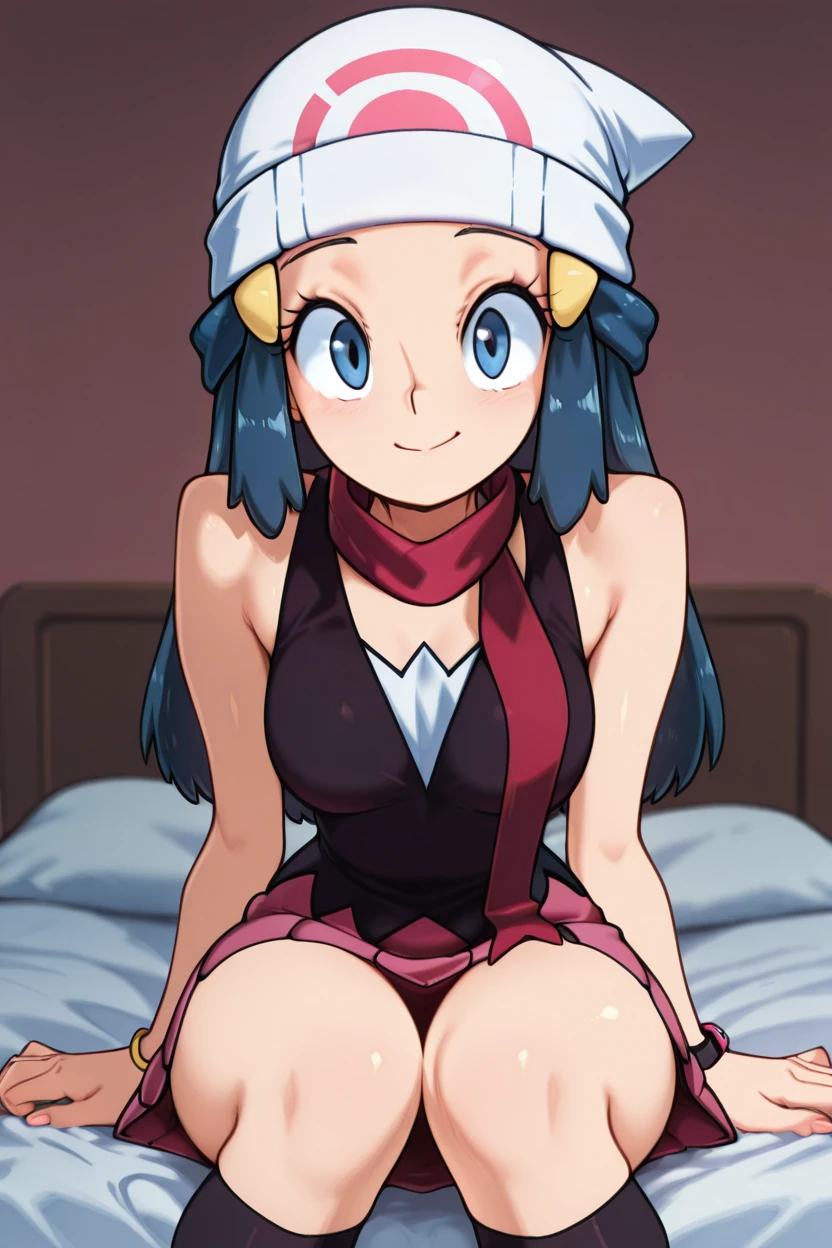 masterpiece, best quality, 1girl, solo, beautiful eyes, zzDawn, blue hair, blue eyes, sidelocks, long hair, bare shoulders, beanie, black shirt, black socks, bracelet, hat, jewelry, kneehighs, miniskirt, pink skirt, red scarf, scarf, shirt, skirt, sleeveless, sleeveless shirt, white headwear,  <lora:DawnPokemonIXL_e07:1.0> <lora:TobiaswhellerIXL_v2:1.0>, upper body, smile, looking at viewer, shiny skin,