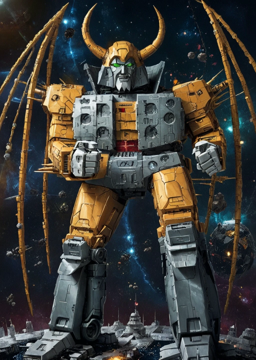 full_details,, full-height masterpice photo of giant robot Unicron, look at viewer, horns, wings, green eyes, clenched hands, stars, space