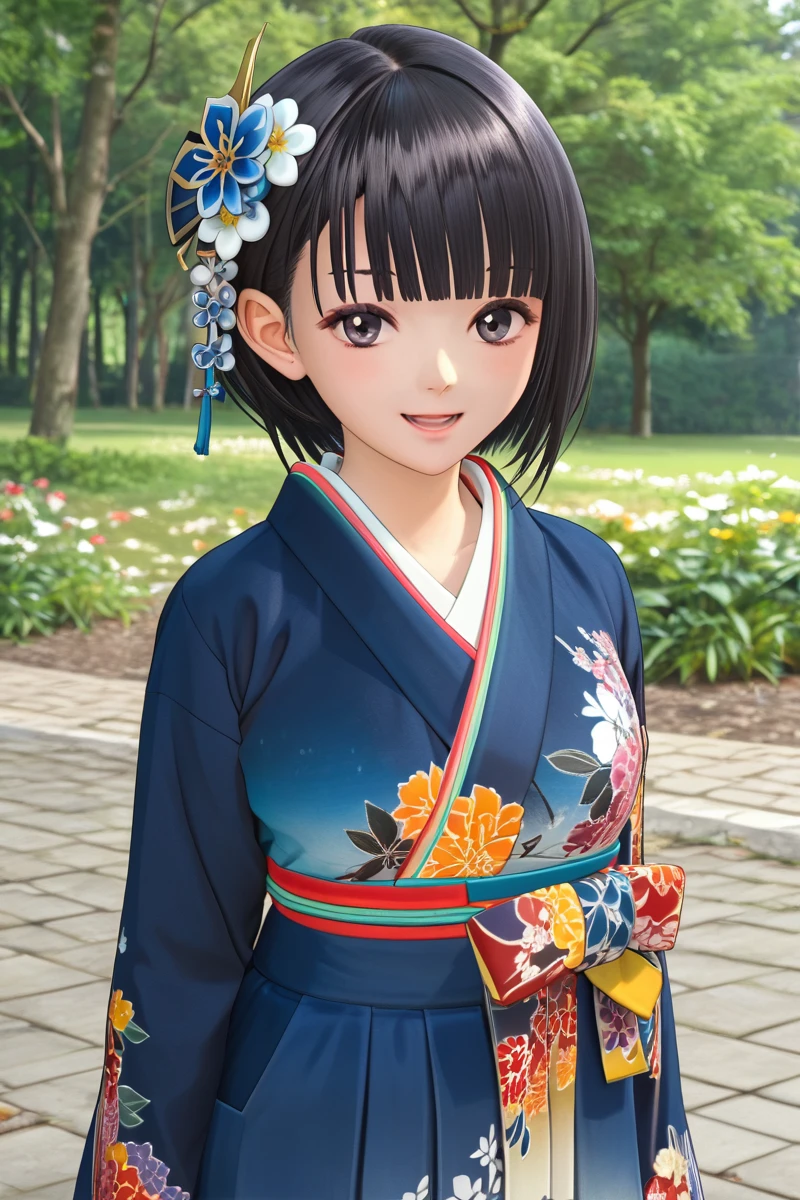 Shirai Hinako, japanese outfit,1girl, solo, looking at viewer, smile, short hair, bangs, skirt, black hair, hair ornament, long sleeves, standing, flower, pantyhose, boots, outdoors, japanese clothes, hair flower, blunt bangs, kimono, black eyes, floral print, hakama, hakama skirt, blue kimono, photo background<lora:Shirai_Hinako_Blue_Reflection_Pony:1> anime color, seductive smile, (kishida mel), open mouth,