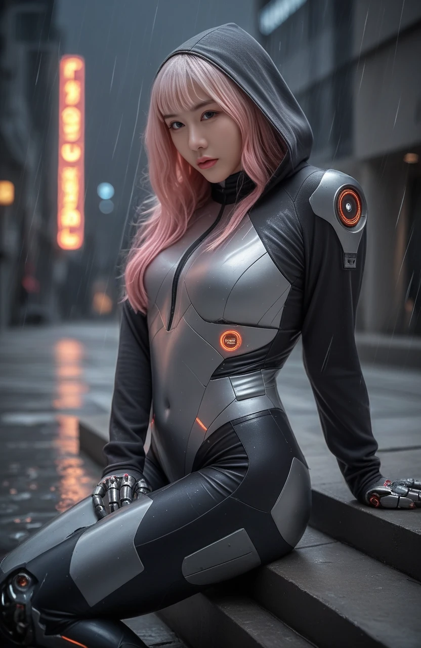 score_9,score_8_up,score_7_up,score_6_up,score_5_up,<lora:spo_sdxl_10ep_4k-data_lora_webui:1.7>,zPDXL3,photo\(medium\),realistic,photorealistic,reality,dynamic photo,incredibly absurdres,absurdres,highres,intricate detail,detailed,4k,16k,uhd,depth of field,ray-tracing,dynamic angle,<lora:add_saturation_XL:-0.8>,<lora:add_contrast_XL:-0.5>,<lora:add_brightness_XL:-0.5>,<lora:add_sharpness_XL:0.8>,nsfwupscaler,<lora:BackgroundDetailerV3:0.2>,beautiful background,pureerosface_xl,<lora:ALTXLpony_063_8:0.5>,<lora:Expressive_H:0.8>,Expressiveh,perfect eyes,perfect hands,
BREAK <lora:JCAI_Influencer05_unreal:1>,sy1v1a,female,asian,chinese,black eyes,1girl,solo,alone,realistic,(looking at viewer:1.1),mechanical arms,covered navel,covered arm,covered thigh,covered breasts,science fiction,lips,realistic,standing,indoors,full bodysuit,(cybernetics),(bodyarmor),(futuristic),(cyborg),(armor),robot,(mechanical parts),technology,armor suit,jacket,long suits,long pants,cyberpunk,trendy,pink color hair,striped hair,power armor,sitting,pose,on stair,confident,cold,aloof,dim,night,neon citty,neon,(heavy rain:1.3),outdoors,one legs out,wet,(hooded jacket:1.2),from side,hooded,