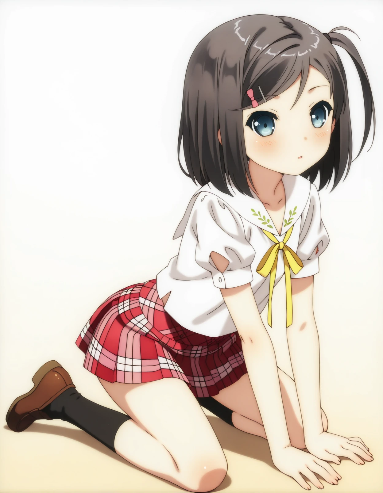 masterpiece, best quality, amazing quality, very aesthetic, absurdres, tsutsukakushi tsukiko, blue eyes, one side up, 1girl, solo, uniform, white shirt, plaid skirt, yellow ribbon, full body <lora:tsukiko_v1:1>
