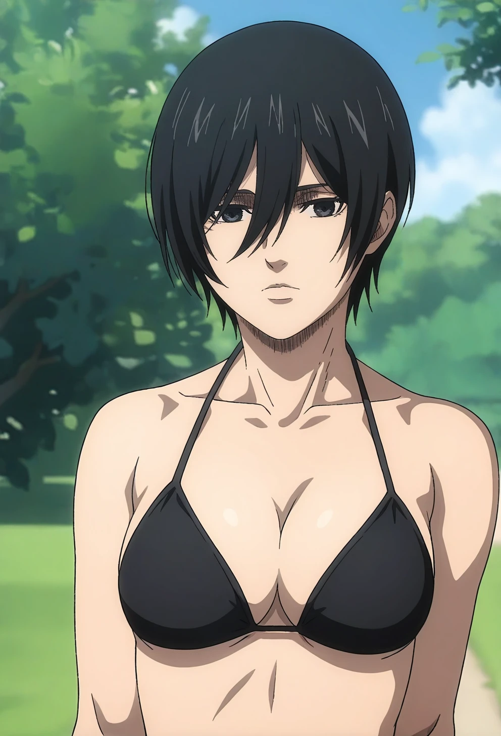 1girl,mikasaIL,short hair,hair between eyes, black hair,black eyes,upper body,outdoors,bikini,manga drawing lines, <lora:mikasaIL:1>