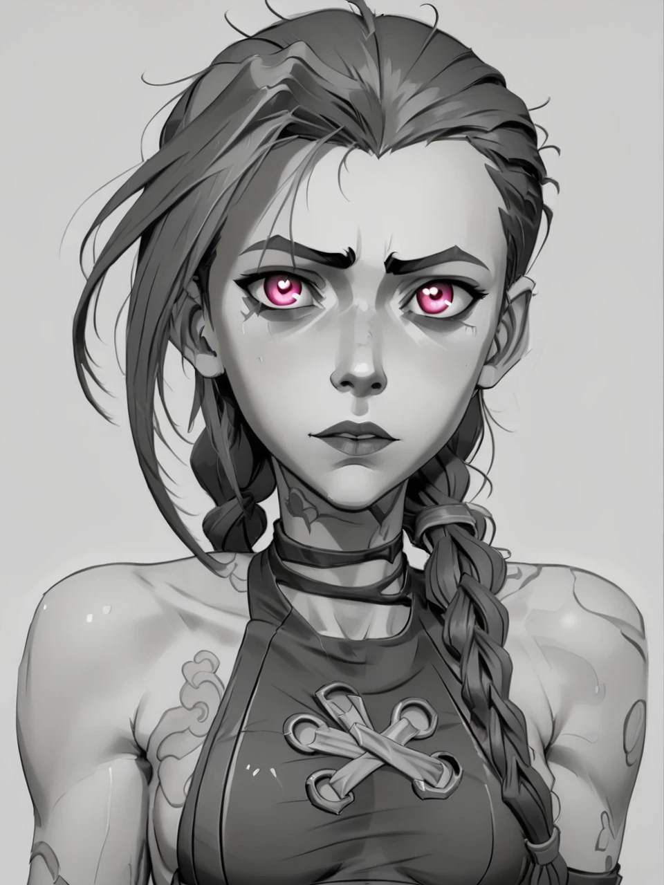 score_9, score_8_up, score_7_up, score_6_up, BREAK, Sk3tch, sketch, monochrome, <lora:Sketch:1> 1girl, j1nx, pink eyes, looking at viewer, chocker, long twin pigtails, tattoo <lora:JinxPDXL:0.8>