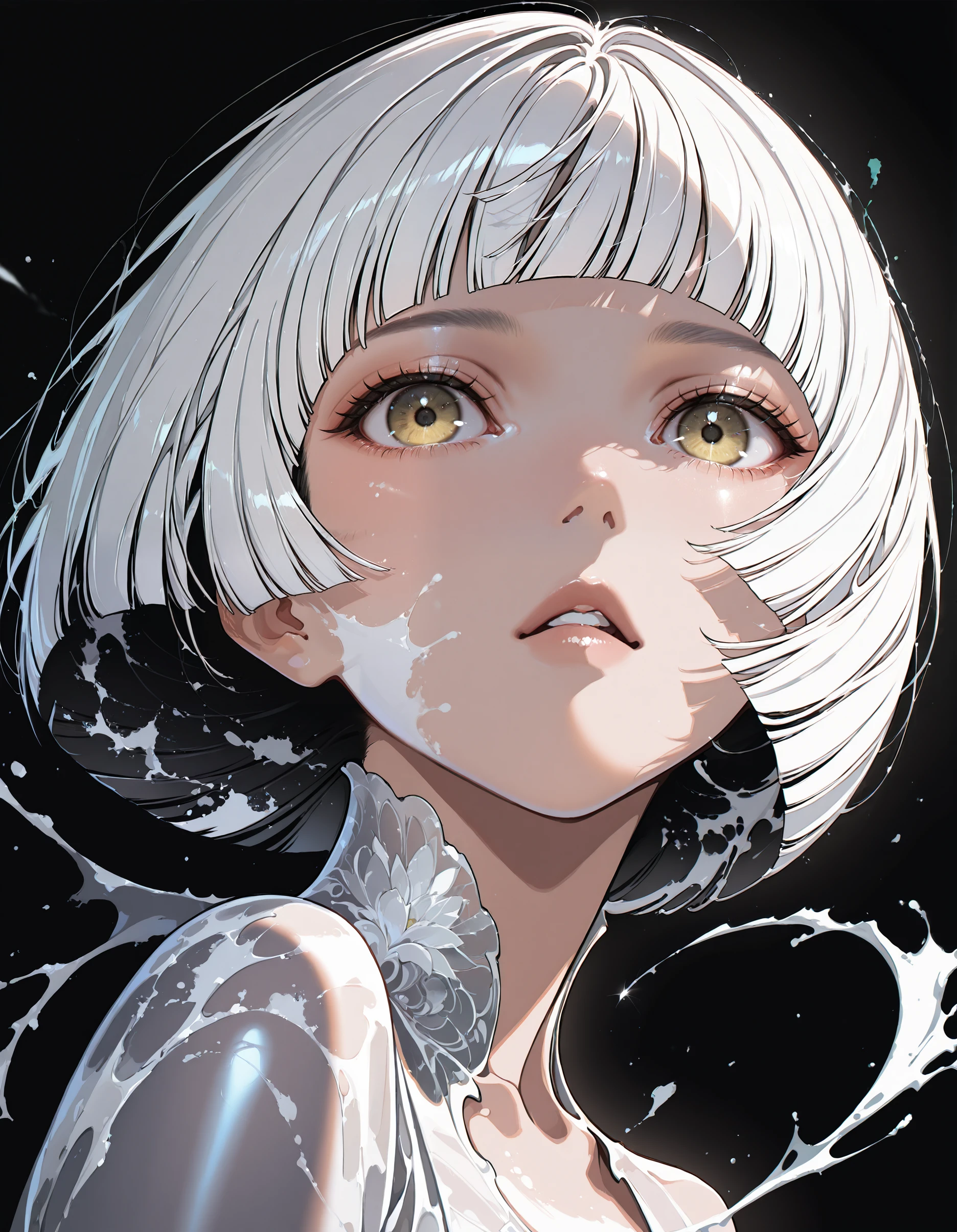 masterpiece, best quality, very aesthetic, digital art, surreal, dynamic composition, 1girl, solo, black background, bangs, portrait, blunt bangs, paint, short hair, parted lips, paint splatter, black hair, looking at viewer, yellow eyes, white hair, bob cut
,highly detailed, hyper-realistic, 8k, dynamic angle, illustration, intricate details,masterpiece, very aesthetic, absurdres, <lora:Yoneyama_Mai_illu:1>