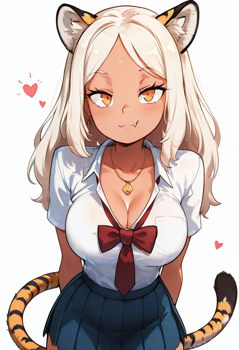 masterpiece, best quality, 1girl, solo, eyelashes, (beautiful eyes), big breasts, zzToniCitronOC, orange eyes, tiger ears, tiger tail, white hair, long hair, dark skin, necklace, animal print,
fang, tan, skirt, shirt, school uniform, white shirt, pleated skirt, blue skirt, smug, hands behind back, leaning forward, portrait, ,smile, looking at viewer,