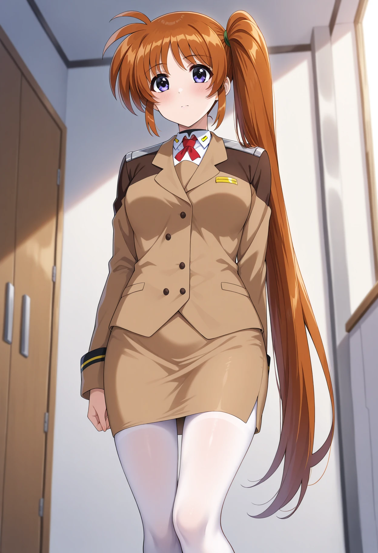 masterpiece, absurdres, highres, 1girl, c-takamachi, very long hair, side ponytail, orange hair, ((brown jacket)), brown skirt, pencil skirt, long sleeves, white pantyhose, indoors, depth of field,
