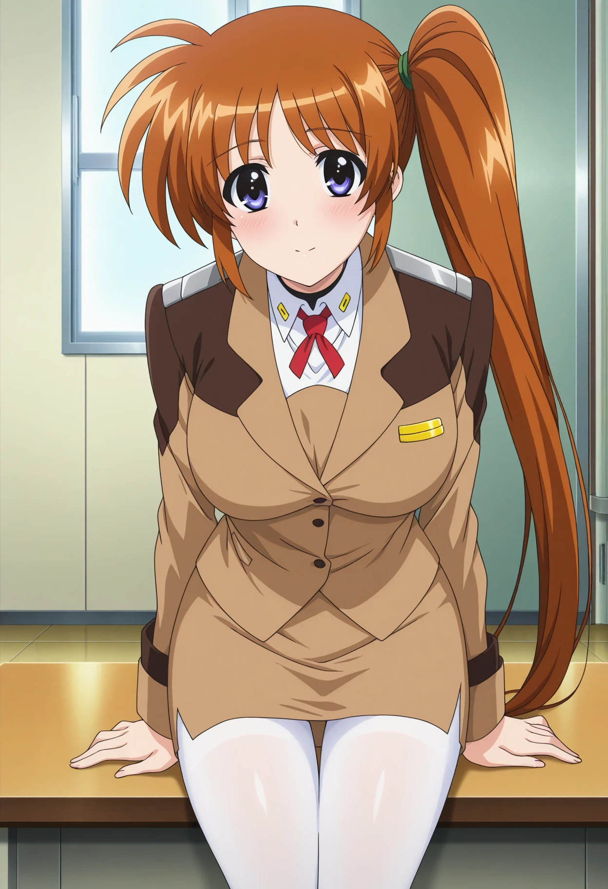 masterpiece, absurdres, highres, 1girl, c-takamachi, very long hair, side ponytail, orange hair, large breasts, ((brown jacket)), brown skirt, pencil skirt, long sleeves, white pantyhose, anime screencap, indoors day, looking at viewer,