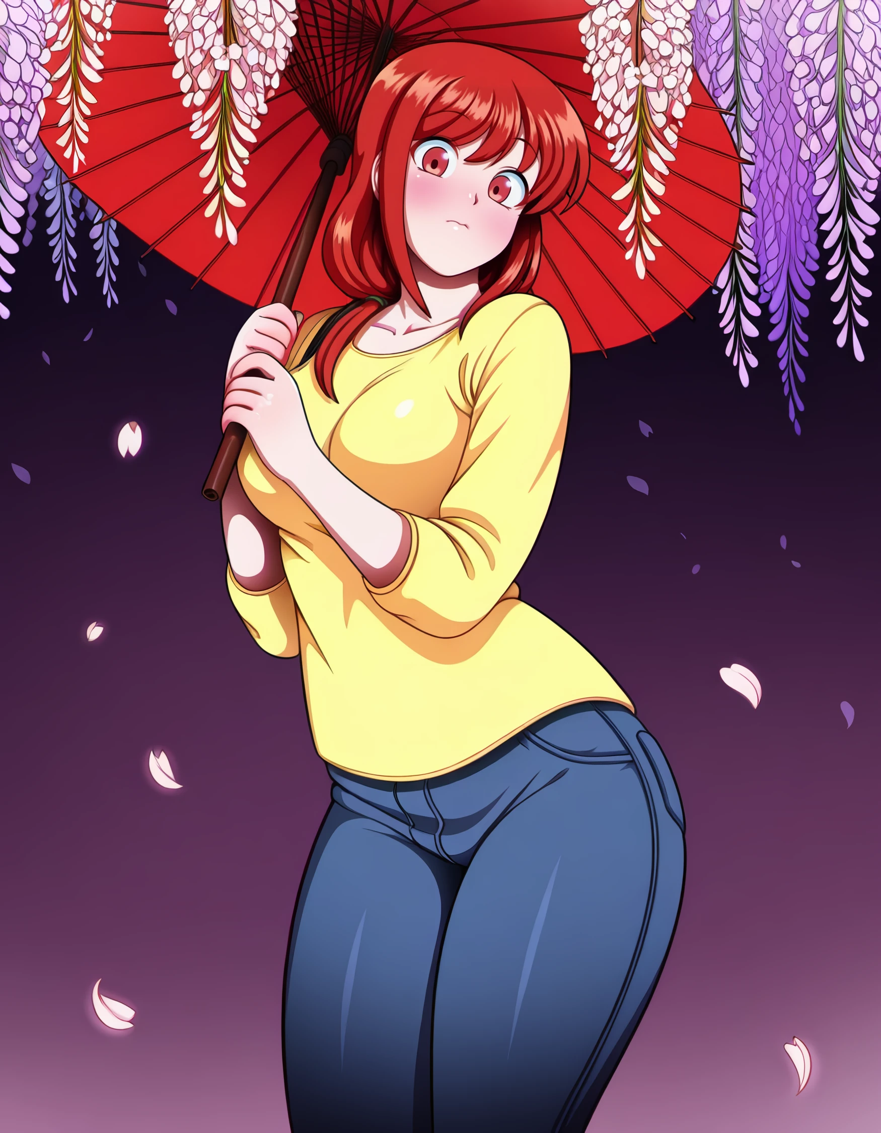 <lora:natsumi_il:1> rating:safe, natsumi, long_hair, red_hair, red_eyes, mature_female, yellow_shirt, denim, jeans, 1girl, bare_legs, cherry_blossoms, closed_mouth, falling_petals, flower, full_body, hands_up, holding, holding_umbrella, light_blush, looking_at_viewer, mitsudomoe_\(shape\), oil-paper_umbrella, petals, purple_background, solo, standing, thighs, tomoe_\(symbol\), umbrella, wisteria, (neocoill:1.0), (2000s_\(style\)),, masterpiece, detailed, best_quality