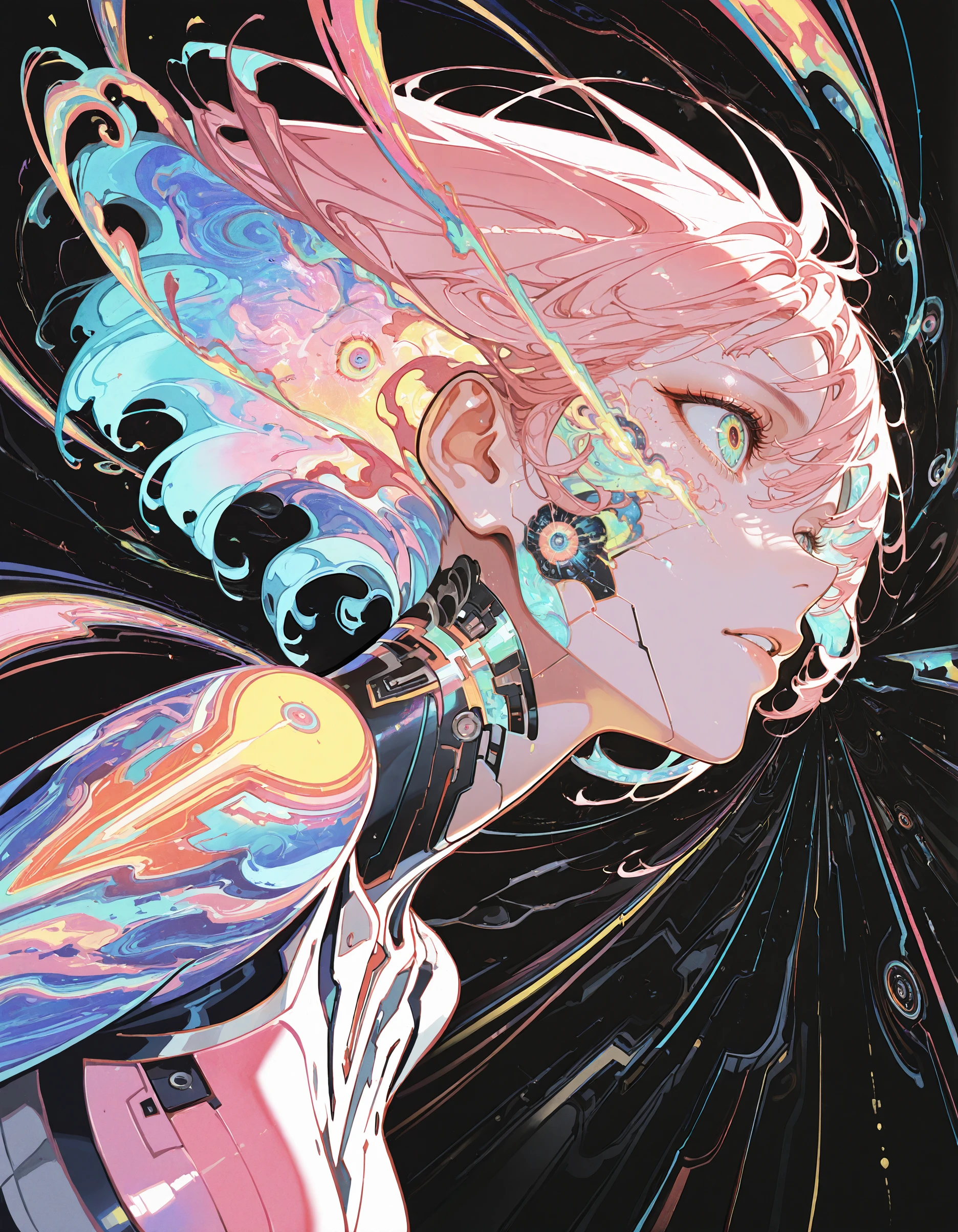 masterpiece, best quality, very aesthetic,abstract, 1girl, Vibrant digital art, anime-inspired character, swirling neon colors, abstract shapes, psychedelic, intricate details, cyberpunk aesthetic, glowing elements, electric blue, hot pink, neon yellow, black background, surreal, dynamic composition, flowing lines, futuristic, eye-catching, high contrast, vivid, dreamlike, otherworldly
,highly detailed, hyper-realistic, 8k, dynamic angle, illustration, intricate details,masterpiece, very aesthetic, absurdres, <lora:Yoneyama_Mai_illu:1>