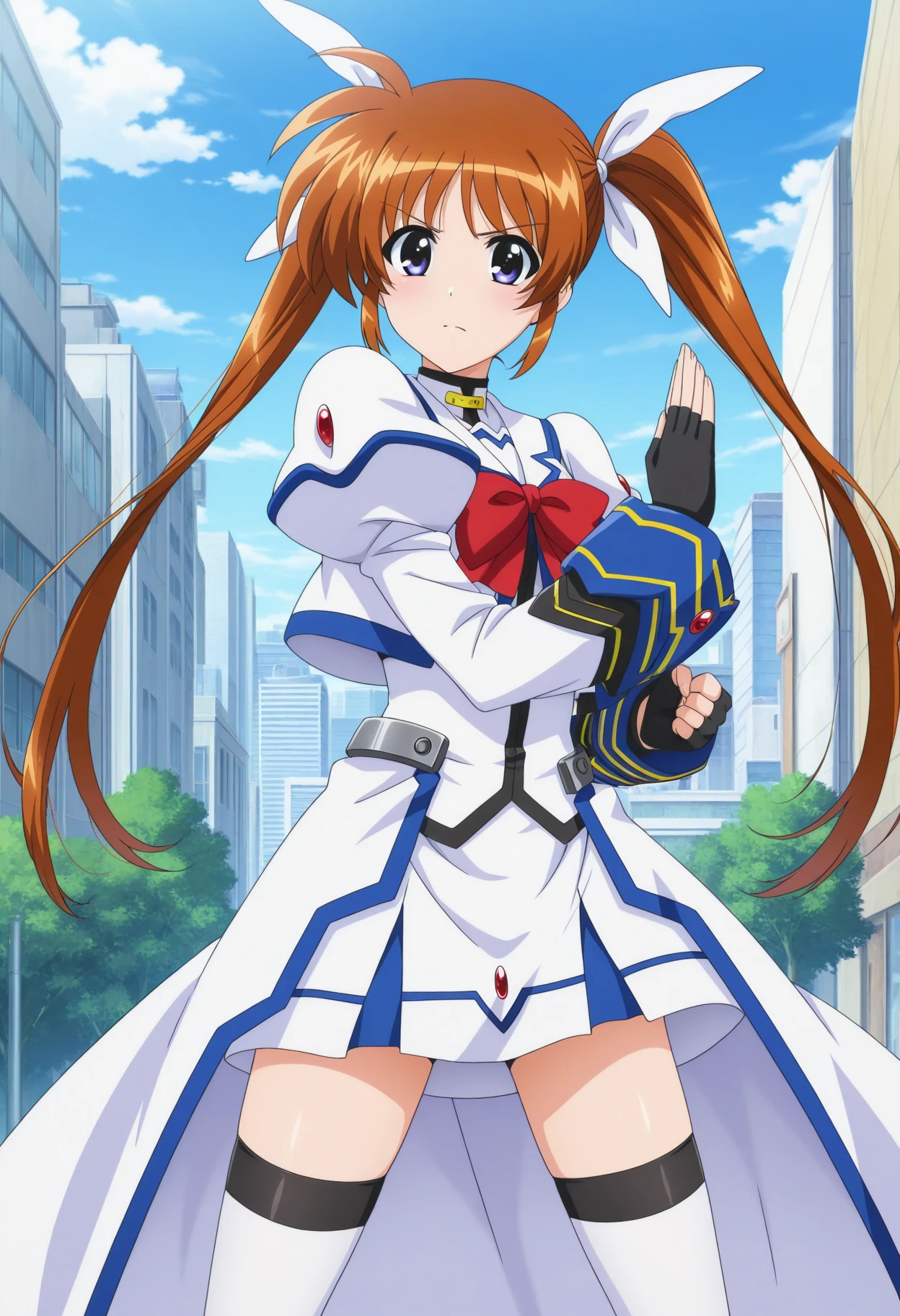 masterpiece, absurdres, highres, 1girl, c-takamachi, very long hair, twintails, orange hair, hair ribbon, white short dress, red bowtie, juliet sleeves, long sleeves, waist cape, white thighhighs, cowboy shot, floating hair, anime screencap, fighting stance, outdoors, city, day, looking at viewer,