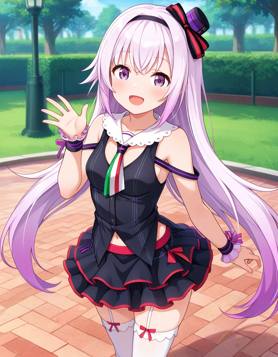 masterpiece, best quality, very aesthetic, absurdres,  1girl, carropino, smile, open mouth, (pino1st), hairband,  mini top hat, necktie, black shirt, wrist cuffs, frilled skirt,  white garter straps, white thighhighs, standing, park <lora:ILcarropino_v1.1:0.7>