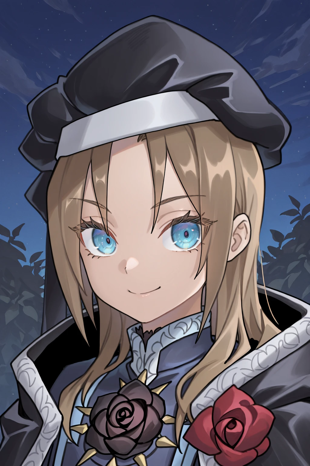 <lora:RoswellIL:0.8> , roswdef, 1boy, brown hair, long hair, blue eyes, black beret, black cloak, rose, flower, blue uniform, ((face, close-up)), portrait, smile, night, looking at viewer, masterpiece, very aesthetic, absurdres, best quality, amazing quality, high resolution, <lora:illustrious_quality_modifiers_masterpieces_v1:0.8> , <lora:ChamIllustriousBackgroundEnhancer:0.5>,  solo,