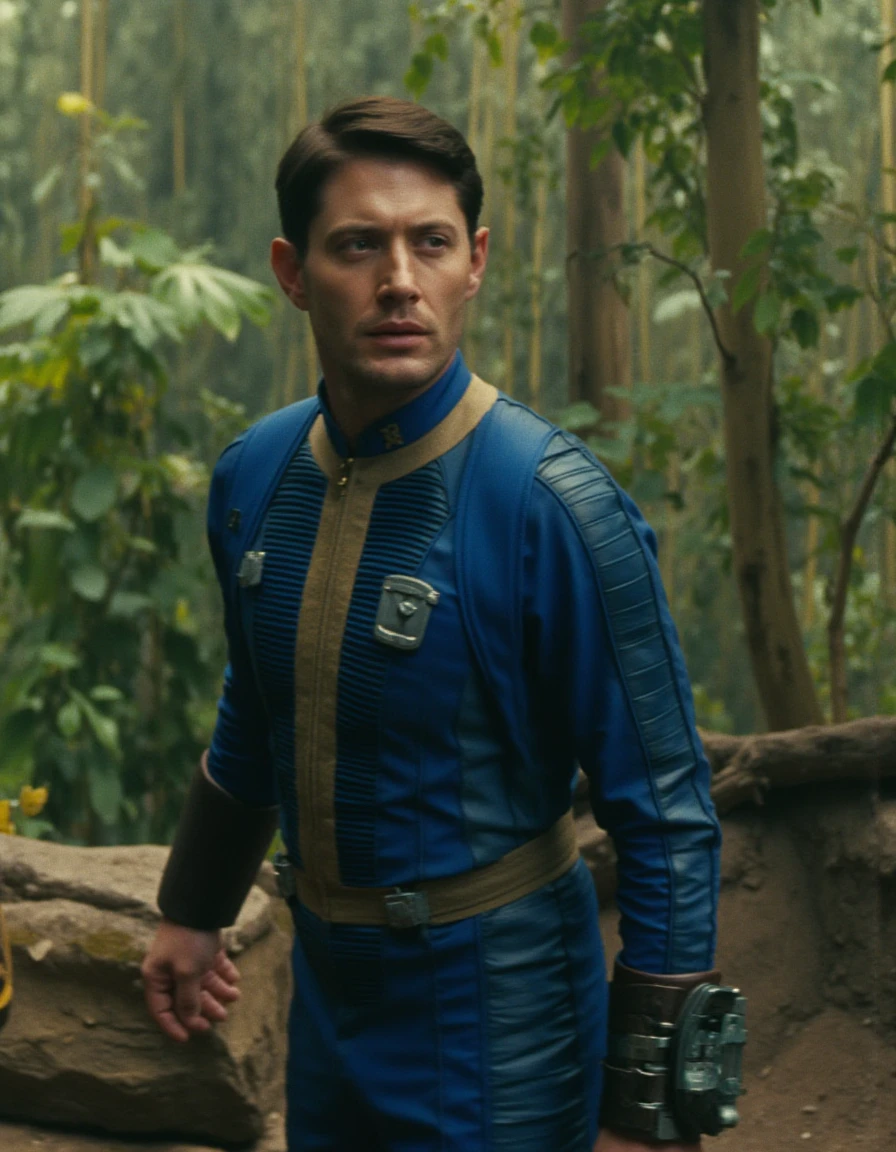 A man wearing a blue and yellow vault suit. The colors are vibrant. He is standing on the edge of a jungle. <lora:VaultSuit:1>  <lora:Jensen ackles:1> Jensen ackles