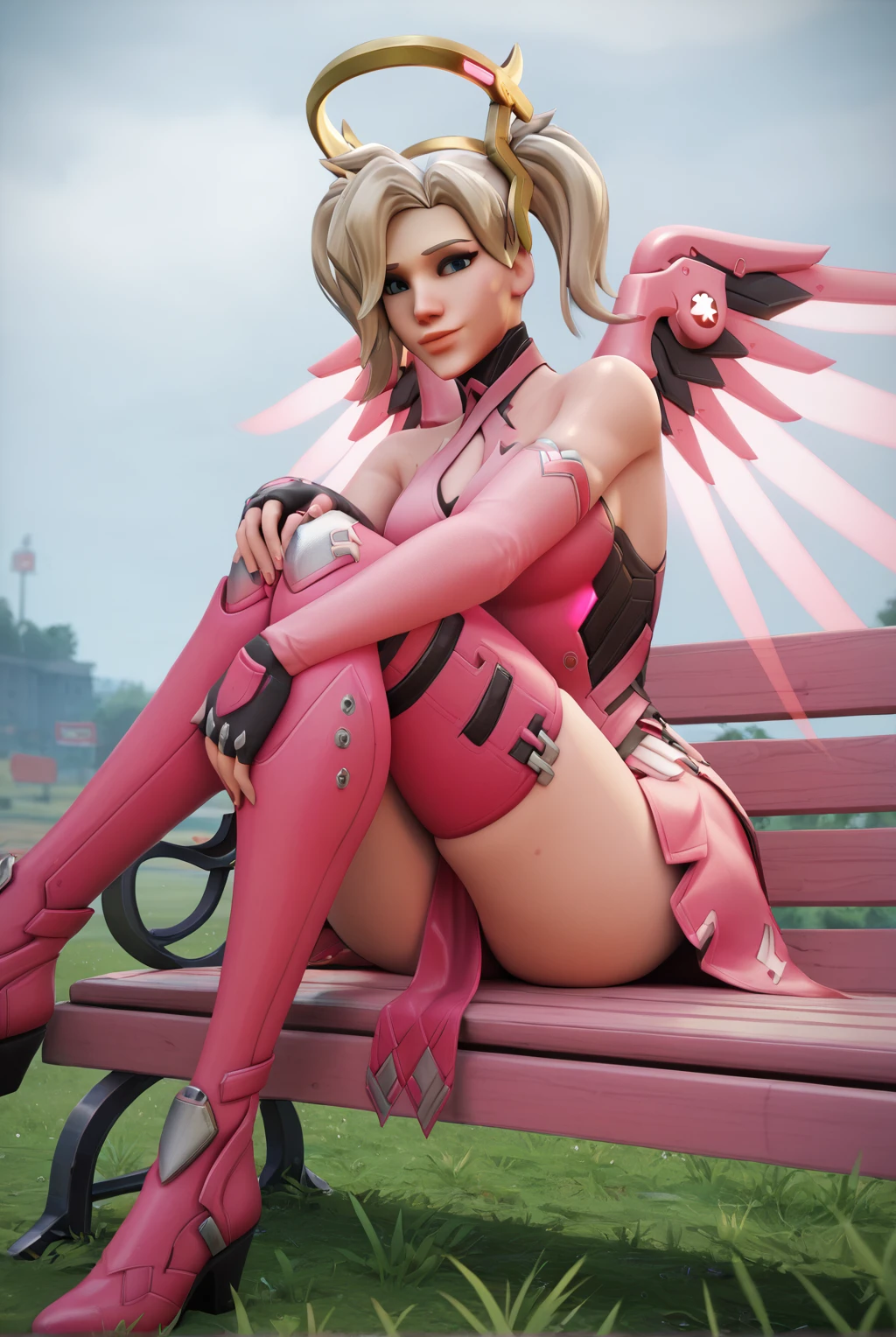 score_9, score_8_up, score_7_up, 1girl, mercy (overwatch), short hair, overwatch2 hairstyle, blue eyes, blonde hair, holding, bare shoulders, twintails, hair ribbon, sleeveless, elbow gloves, fingerless gloves, halterneck, pink dress, pelvic curtain, pink ribbon, criss-cross halter, mechanical halo, pink thighhighs, thigh boots, knee pads, high heel boots, armored boots, faulds, mechanical wings, pink wings, glowing wings, pink outfit, rain, cloudy, grey sky, stormclouds, outdoors, field, sitting, (hugging own legs:1.2), happy, close up, portrait, (overwatch artstyle), (looking at viewer), bench