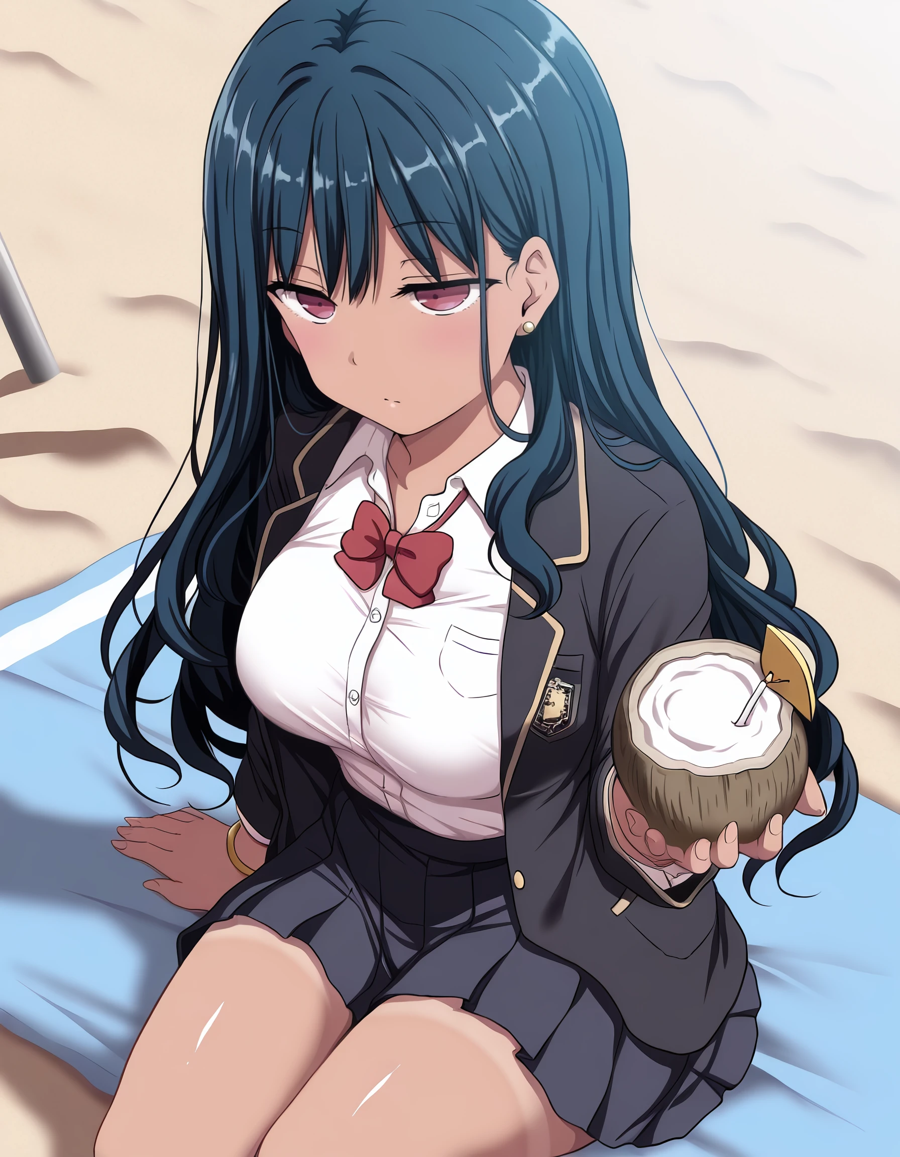 <lora:yuu_il:1> rating:safe, yuu, long_hair, black_hair, blue_hair, purple_eyes, red_eyes, school_uniform, jacket, red_bow, white_shirt, pleated_skirt, 1girl, alternate_breast_size, beach, bracelet, breasts, coconut_cup, cup, earrings, holding, holding_cup, jewelry, large_breasts, sitting, tan, tanlines, (tsuruse:0.8, nori_tamago:0.8), (tsukishiro_saika:1.0),, masterpiece, detailed, best_quality