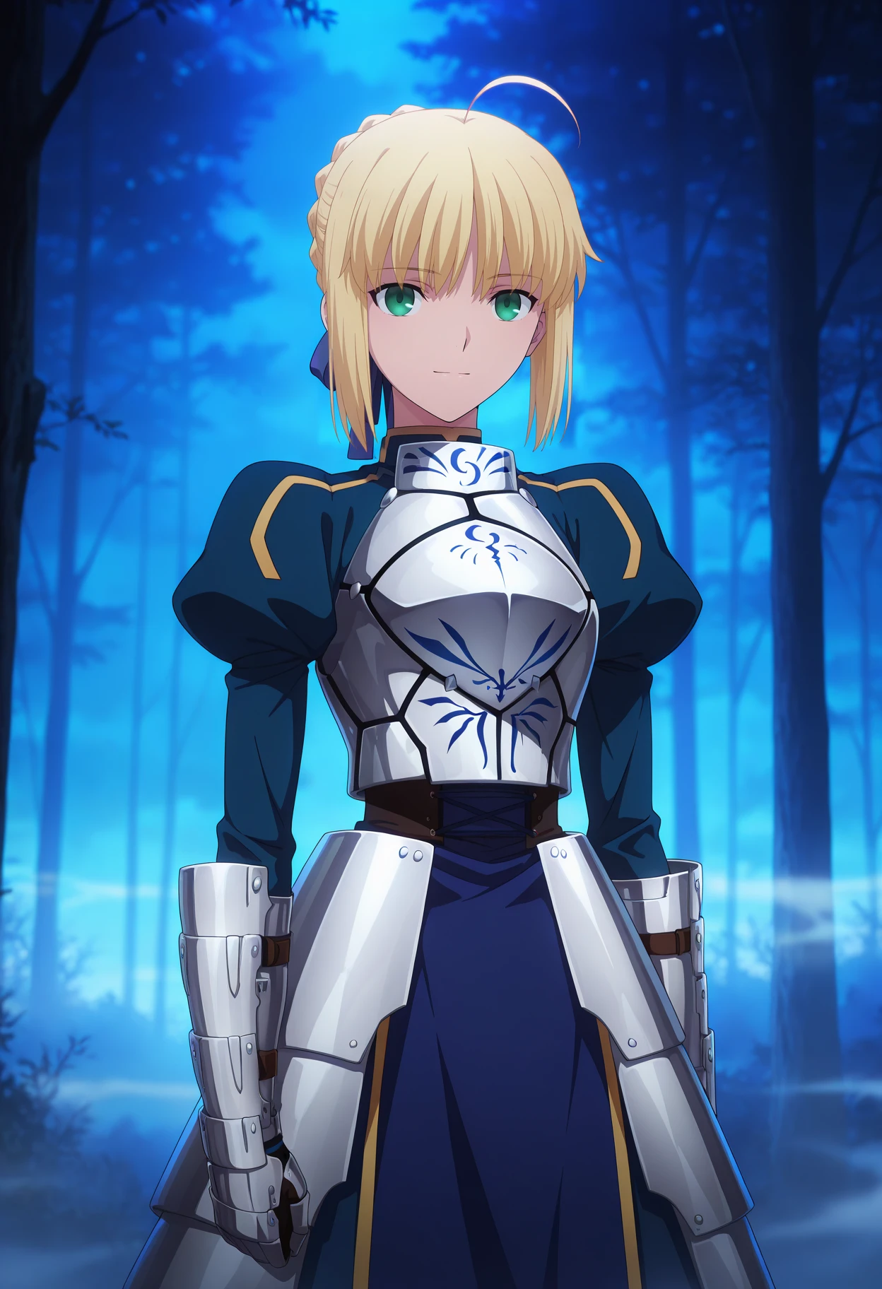 anime screencap, masterpiece, best quality,
<lora:FateStayNightUBW_Saber_IlluXL:0.9>,
1girl, solo, closed mouth, light smile,
blonde hair, green eyes, short hair, french braid, ahoge, hair ribbon, blue ribbon,
SaberArmor, breastplate, blue dress, gauntlets, juliet sleeves, faulds,
standing, looking at viewer, cowboy shot,
outdoors, night, blue theme, fog, forest