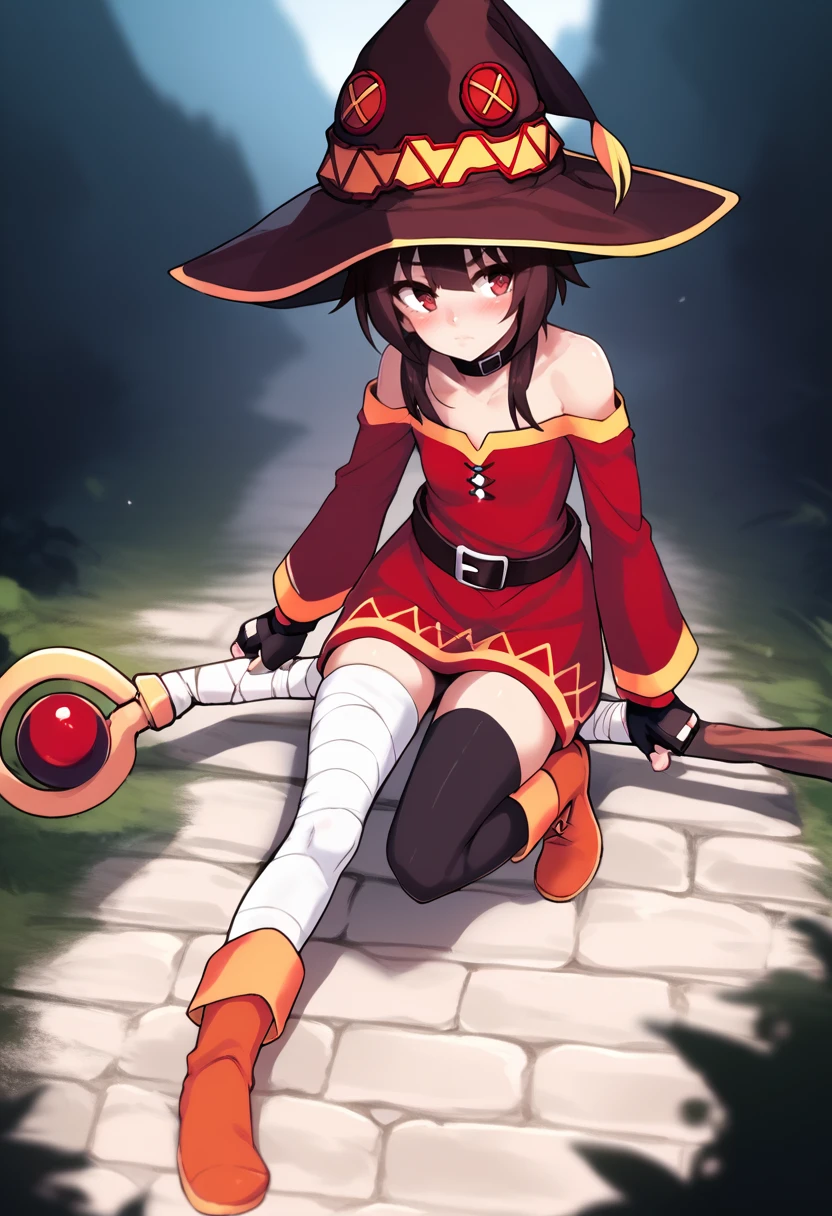 1girl,megumin,solo, blush, short hair, bangs, brown hair, red eyes, thighhighs, gloves, long sleeves, bare shoulders, closed mouth,  collarbone, full body, small breasts, boots, outdoors, day, black gloves, belt, black thighhighs, fingerless gloves, collar,witch hat, brown footwear, red dress, staff, single thighhigh, black belt, bandaged leg, ,score_9,score_8_up,score_7_up,score_6_up,score_5_up,score_4_up,
<lora:kazukotoPony2:1>