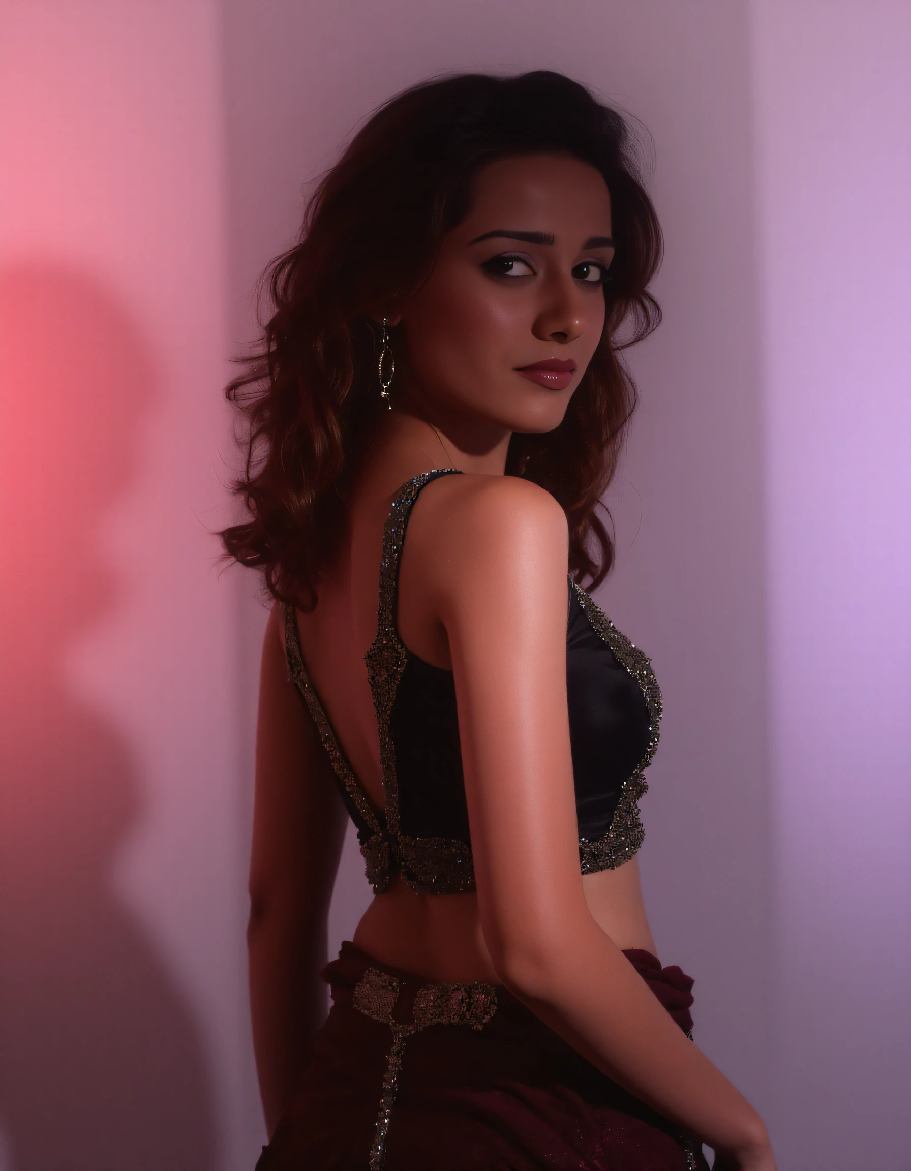 from behind photo of Amrita Rao woman,hyper realistic candid photo serious,studio quality, wearing intricate conservative sleeveless Black Lehenga Choli, curls, pastel shaded multicolored background, cinematic lighting <lora:Amrita_Rao_Flux_Kohya_LoRA_v1:1>âââ