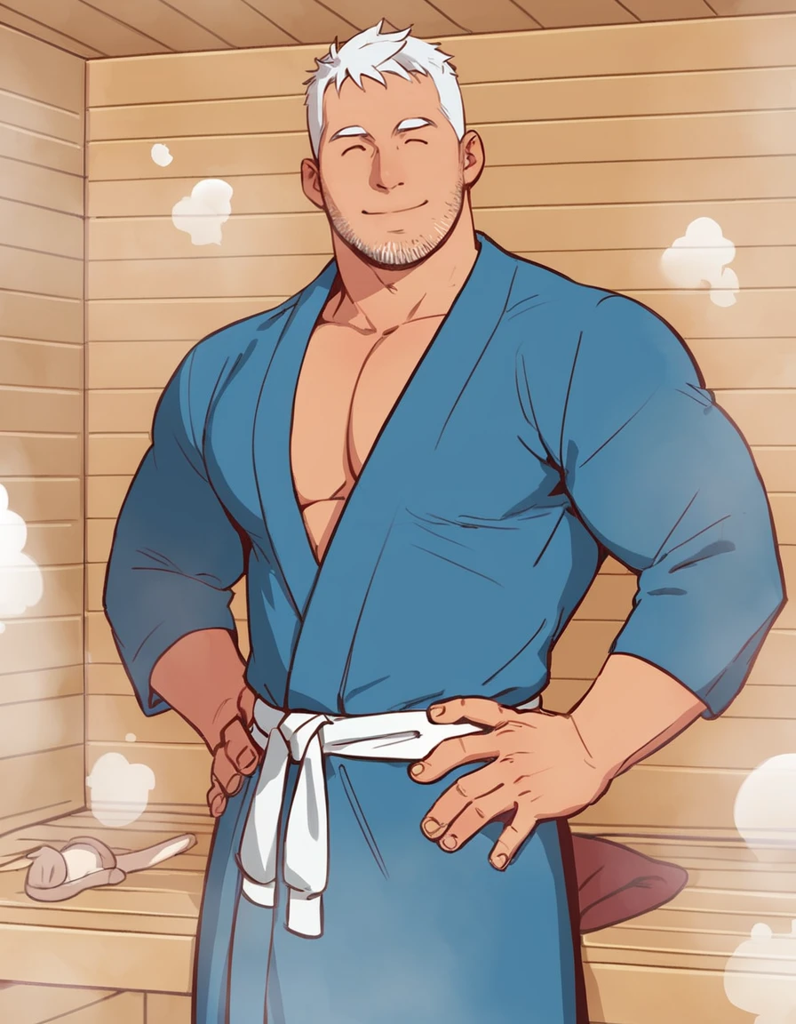1 male, old male, muscular, white hair, white beard, white pubic hair,   green eyes, sitting ,sauna,  topless, sweatdrop, hand on  chest,   (towel:1.3) around  waist
 <lora:leo leibling3:0.55>