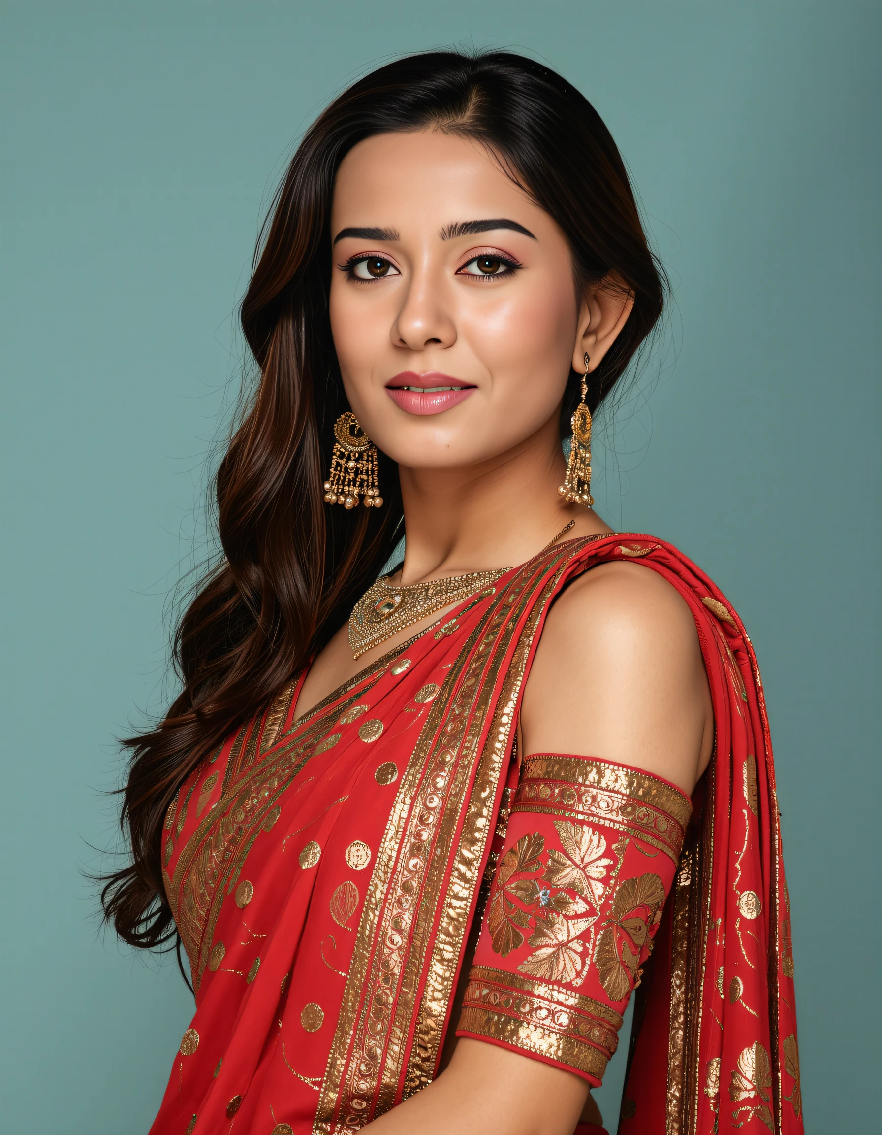 cowboy shot photo of Amrita Rao woman,hyper realistic candid photo shouting,studio quality, wearing intricate conservative turtleneck Crimson Banarasi Silk Saree, curls, pastel shaded multicolored background, cinematic lighting <lora:Amrita_Rao_Flux_Kohya_LoRA_v1:1>âââ