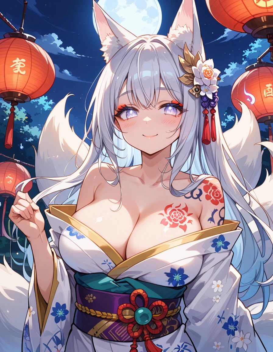score_9, score_8_up, score_7_up, source_anime,
1girl, woman, kitsune girl, golden bands, blushing, heart, cowboy shot, beautiful face, thick eyelashes, glowing white eyes, fox ears, long flowy silver hair, cute smile, dark eyeshadow, glowing shoulders tattoos, glowing tattoos, floral decoration in hair, night time, shinning moon, blush, white floral kimono, large breasts, cleavage,japanese theme,