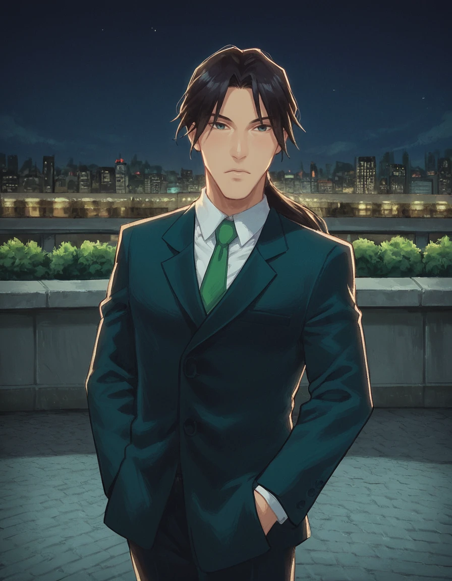 score_9, score_8_up, score_7_up, zPDXL, masterpiece, anime, <lora:sn0wStyle:1> <lora:HKHorrorXL:1> solo, 1boy, necktie, male focus, formal, green necktie, suit,  outdoors, black hair, long sleeves, shirt, ponytail, long hair, keiya tenpouin <lora:Keiya_Tenpouin_Evil_Zone:0.9> night, city