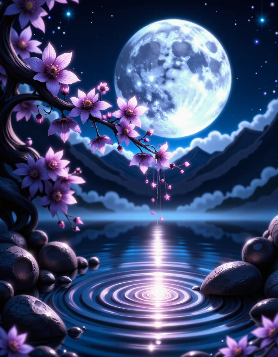 photograph of a serene, mystical night scene, featuring a large full moon hanging in the dark blue sky, surrounded by twinkling stars. A branch with delicate, purple flowers hangs down from the top left, with some flowers cascading into the water below, creating a beautiful reflection. The water is calm and mirrors the moonlight, adding a tranquil, almost magical atmosphere. The background is a deep, dark blue, with subtle gradients and highlights enhancing the ethereal quality. The flowers are in sharp focus, while the moon and stars are slightly blurred, giving a sense of depth. The overall mood is peaceful and dreamy, with a touch of romance. The image has a watermark at the bottom center that reads "© jyshinami." The style is realistic, with a slight artistic touch, emphasizing the beauty and tranquility of nature at night <lora:flux_enchanter_v1:0.75>