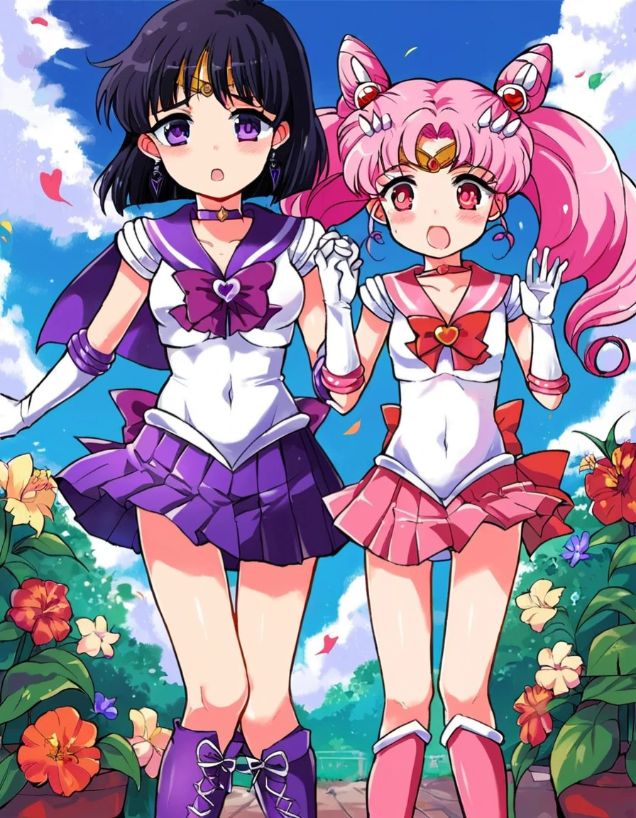 score_9, score_8_up, score_7_up, score_6_up, source_anime, anime coloring,  <lora:by_tempo_gensui-pony-000017:0.8> by Tempo Gensui, brooch, jewelry, tomoe hotaru, multiple girls, purple skirt, chibi usa, heart brooch, 2girls, sailor saturn, sailor senshi uniform, purple sailor collar, pink sailor collar, sailor collar, bow, cone hair bun, pink footwear, skirt, pink hair, black hair, 2girls, standing, holding hands