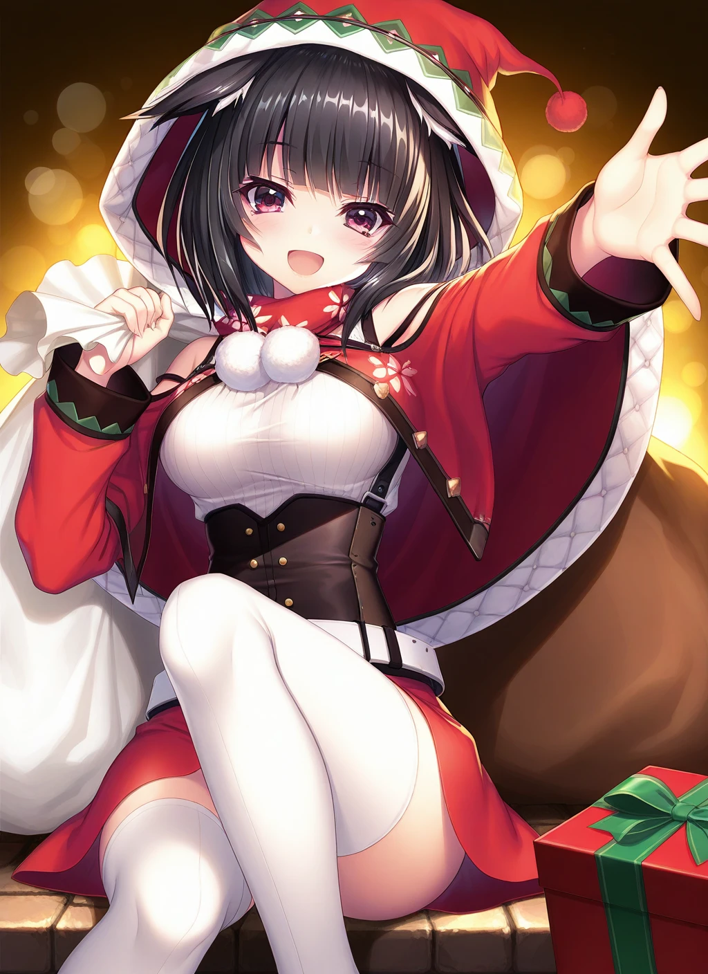 <lora:yamashiro_IL_v1.0:1>,yamashiro_(holiday_offensive)_(azur_lane),black hair,blunt bangs,santa costume,gift box,outstretched arm,knee up,looking at viewer,sitting,izumi tsubasu,;d,, masterpiece,best quality,