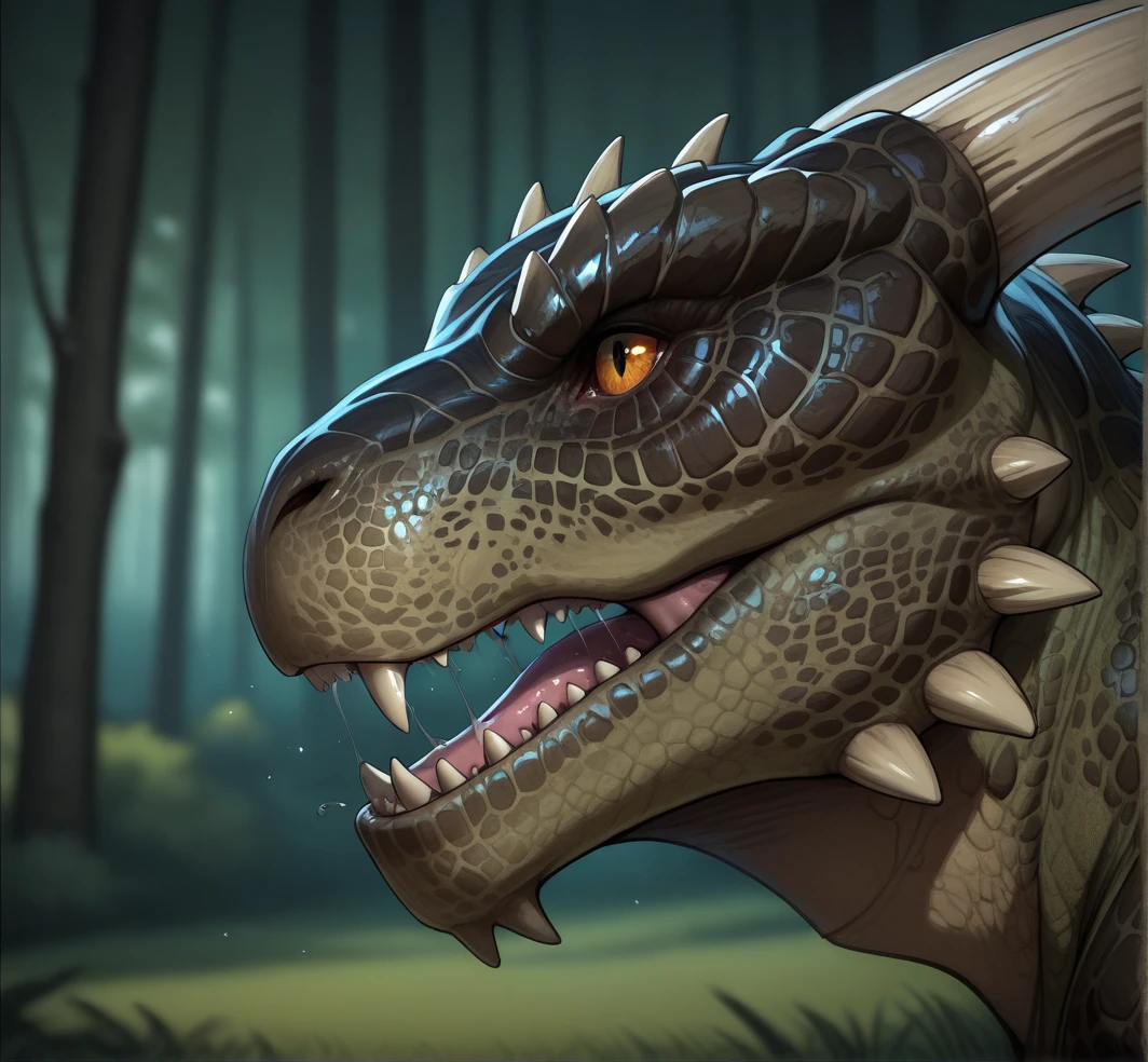 detailed face, detailed body, detailed background, perfect hands, perfect anatomy, masterpiece, high quality, best quality,
forest, blurry background, close up, side view, (three quarter view), portrait, roar, open mouth, sharp teeth, saliva, saliva strands, 
arg0nian, [argonian], scalie, reptile, scales, horns, jaw spikes, spikes, muscular,
<lora:Argonian for Illustrious:0.7>, <lora:Detailer_NoobAI_Incrs_v1:0.3>