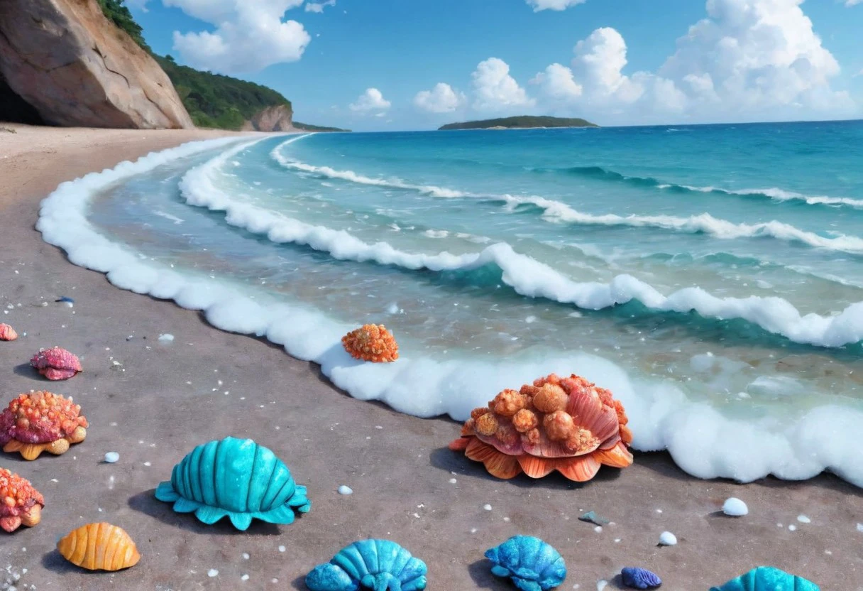 Seashore with stones and shells: A coastline dotted with smooth stones and colorful shells. The waves crash on the shore and the foam is white and fluffy. The sky is blue and the clouds are fluffy and white.