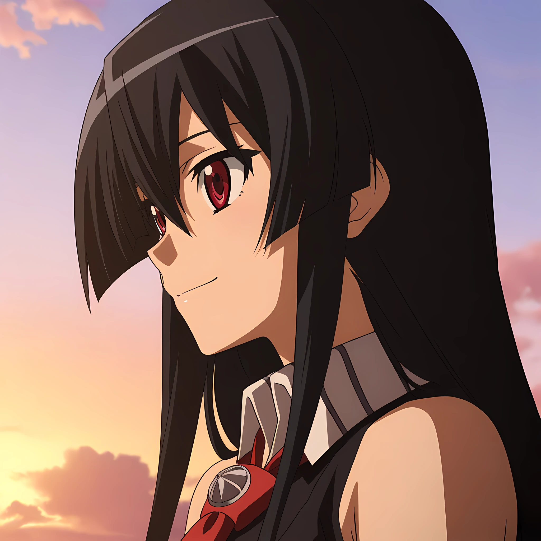 akame-illustxl, 1girl, solo, red eyes, black hair, long hair, smile, anime coloring, sky, cloud, bare shoulders, sunset, upper body,  <lora:Akame-IllustXL:1>, (masterpiece),(best quality),(ultra-detailed),(best illustration),(best shadow),(absurdres),(detailed background),(very aesthetic),
