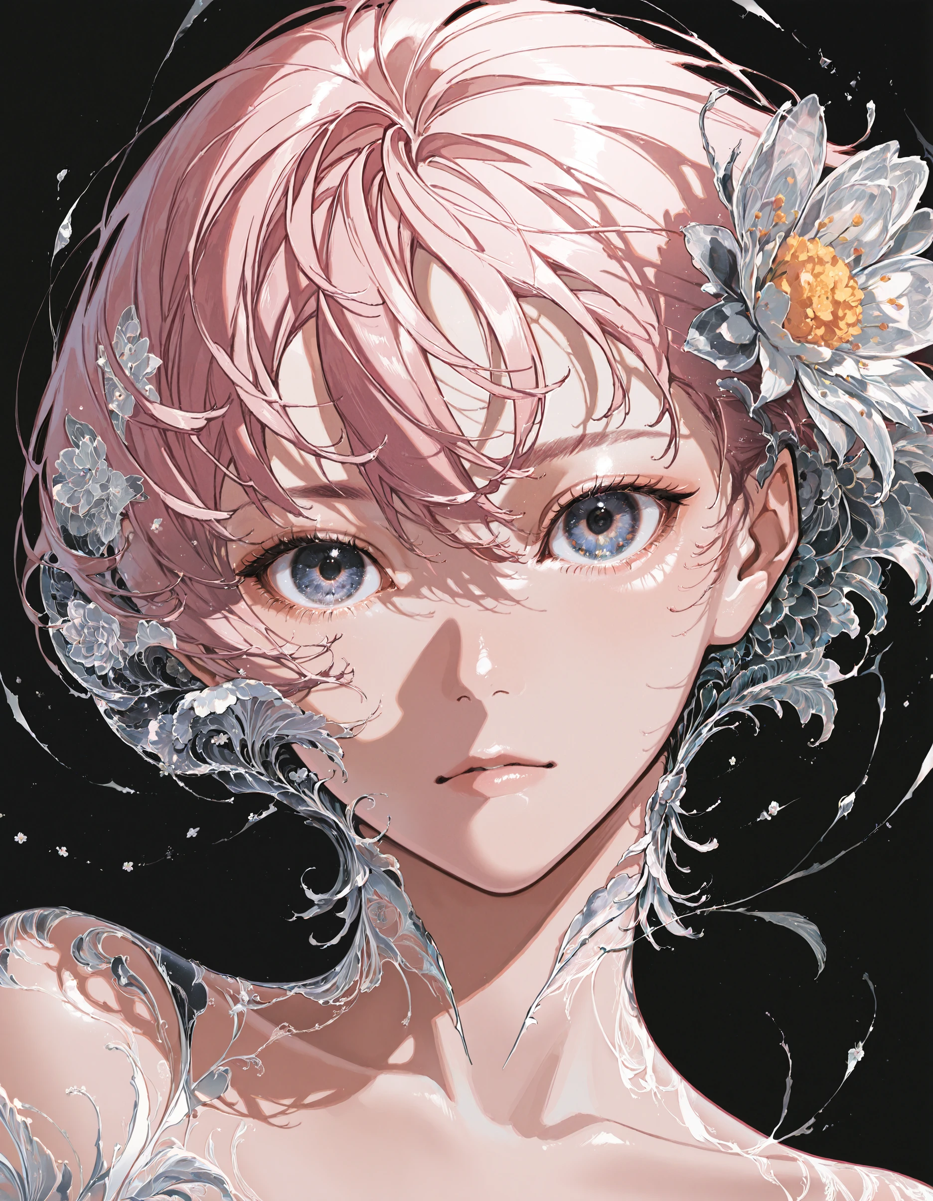 masterpiece, best quality, very aesthetic, digital art, surreal, dynamic composition, Y0ney4m4_illu, solo, 1girl, black background, looking at viewer, portrait, short hair, flower
,highly detailed, hyper-realistic, 8k, dynamic angle, illustration, intricate details,masterpiece, very aesthetic, absurdres, <lora:Yoneyama_Mai_illu:1>