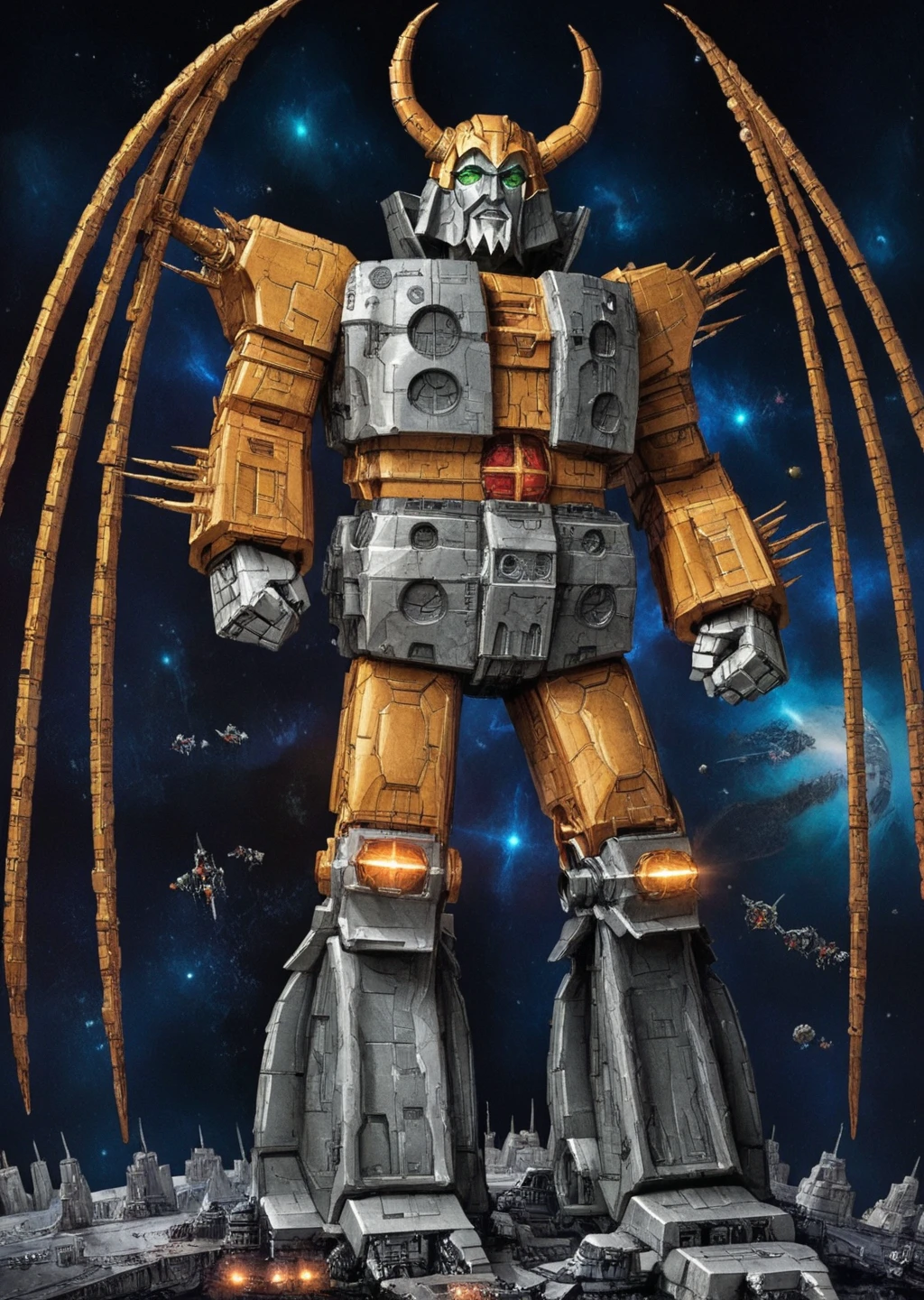 full_details,, Unicron, full-height masterpice retrostyle sci-fi art, giant robot Unicron, look at viewer, detailed face, horns, wings, green eyes, clenched hands, stars, space<lora:lora\EnvyScifiStreamlineXL01.safetensors:1.0:1.0><lora:lora\Add_more_details_V2_XLpony.safetensors:1.0:1.0><lora:lora\Unicron_G1.safetensors:1.0:1.0>