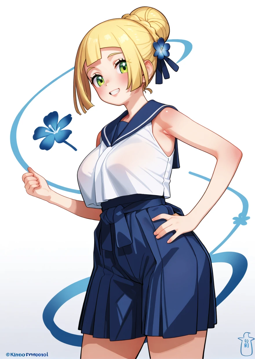 best quality,Kinocopro, lineart, teeth, white background, blue sailor collar, smirk,hakama skirt, hair bun, blue flower, sleeveless shirt, abstract background,closeup, huge breasts, thick thighs,
 <lora:Kinocopro_PonyXL_Style:1>